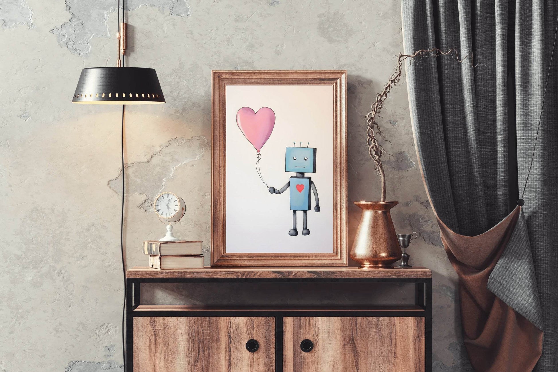 Drawing of Blue Robot Holding Pink Heart - beink online art store