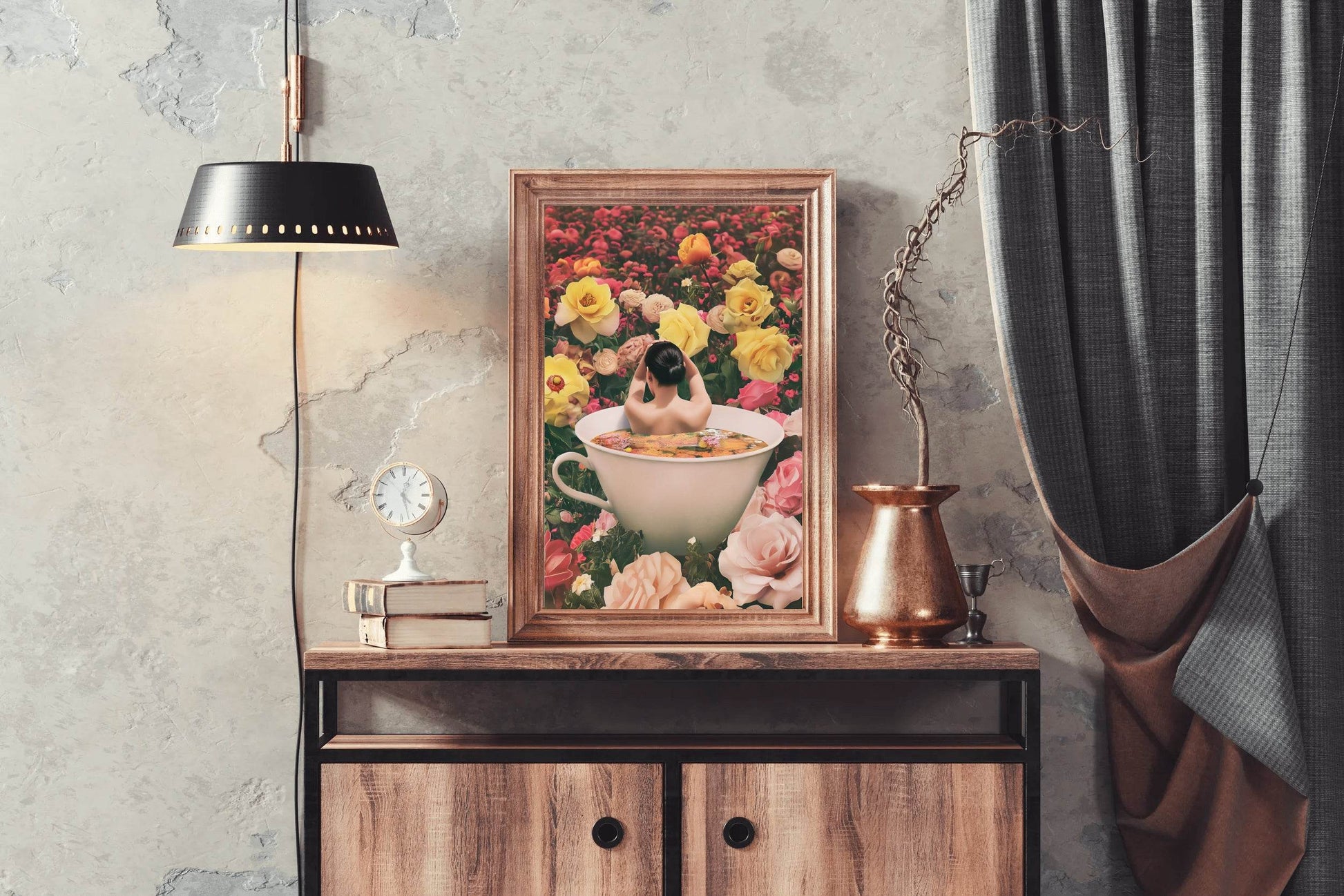 Woman in Tea Cup With Flower Background Wall Art - beink online art store