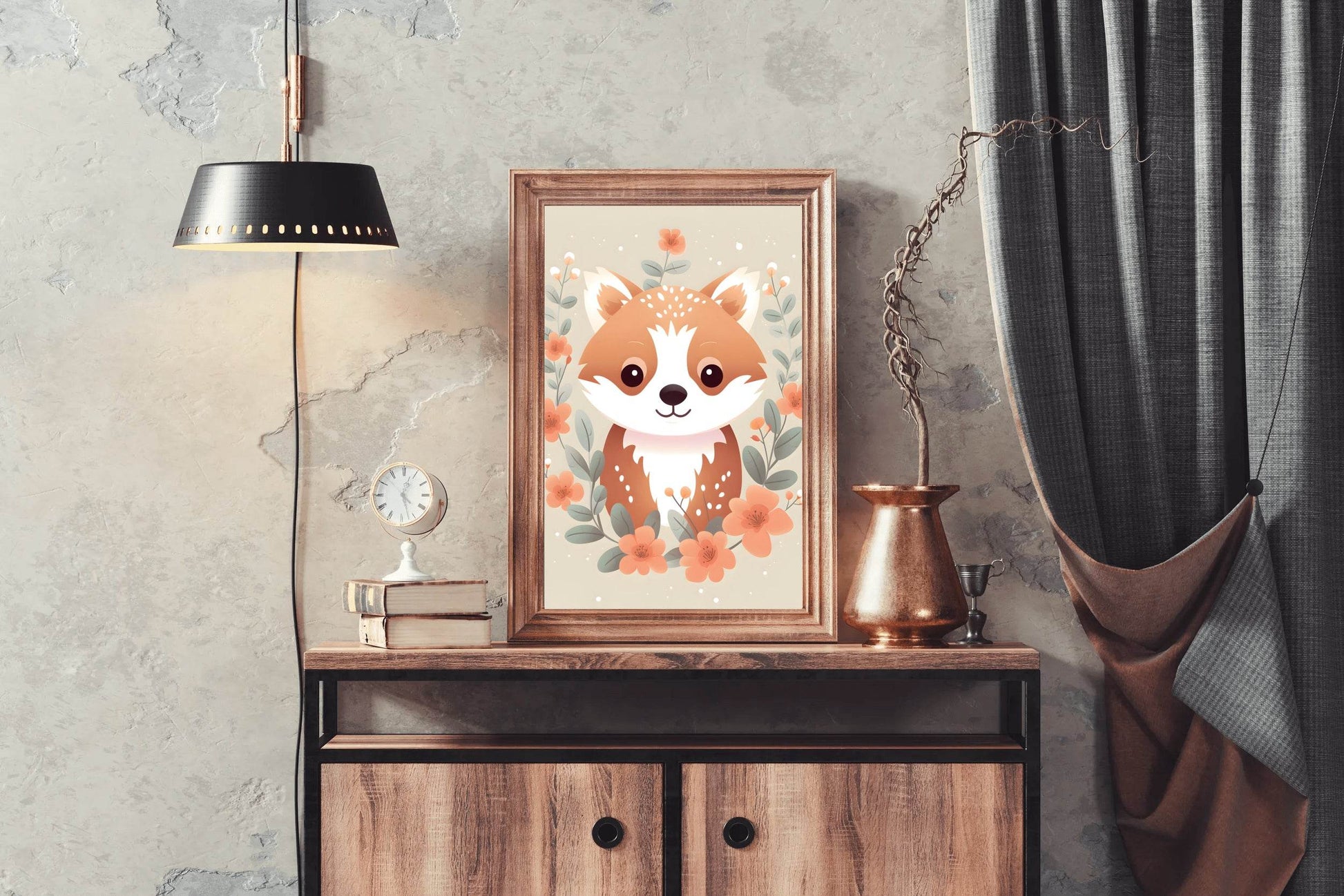 Painting of Cute Little Fox Sitting among Flowers - beink online art store