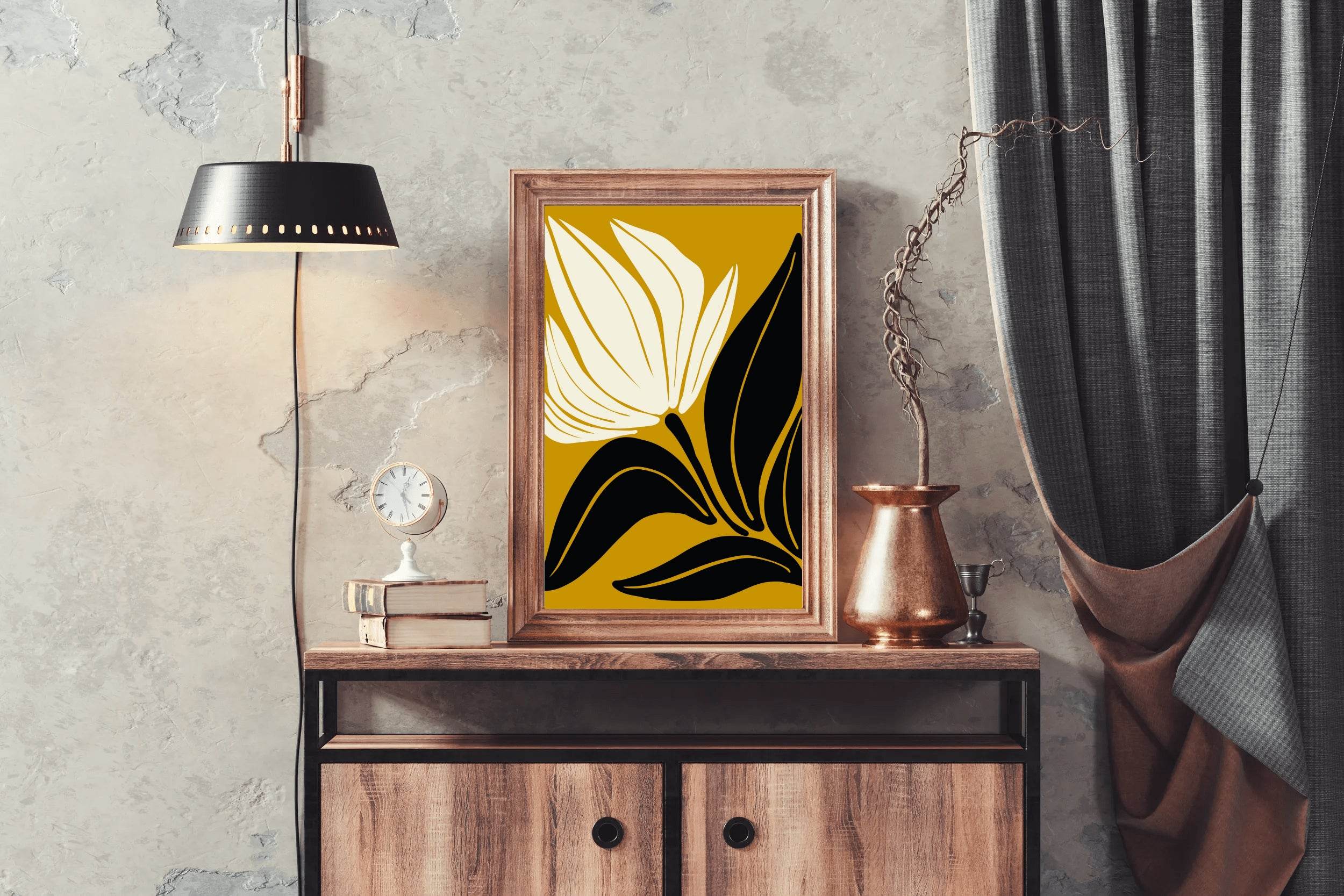 Stylized Flower Black and White on Gold ArtWork - beink online art store