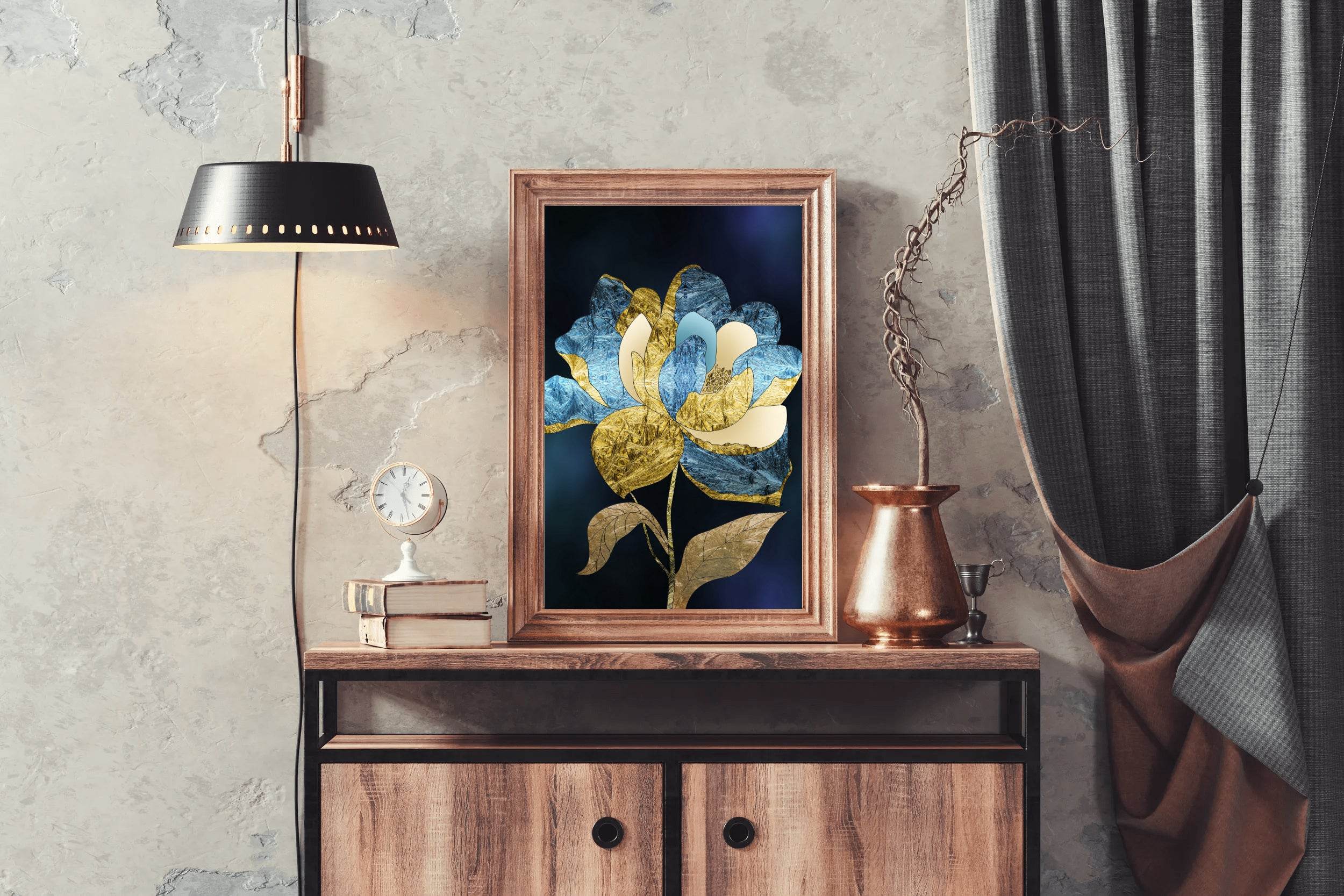 Golden and Blue Flower Modern Wall Art - beink online art store