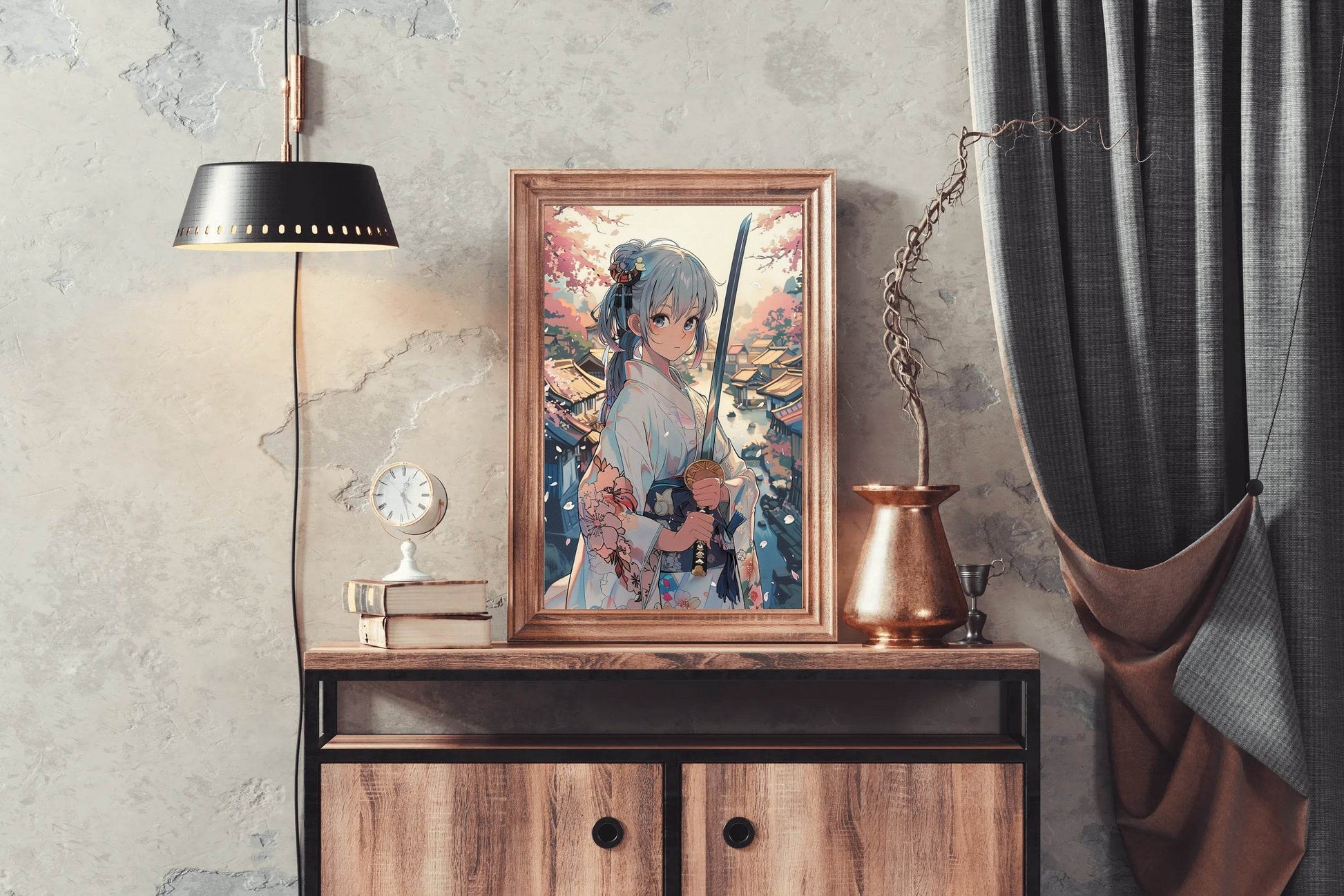 Girl Wearing Kimono Japanese Traditional in Garden Anime Wall Art - beink online art store