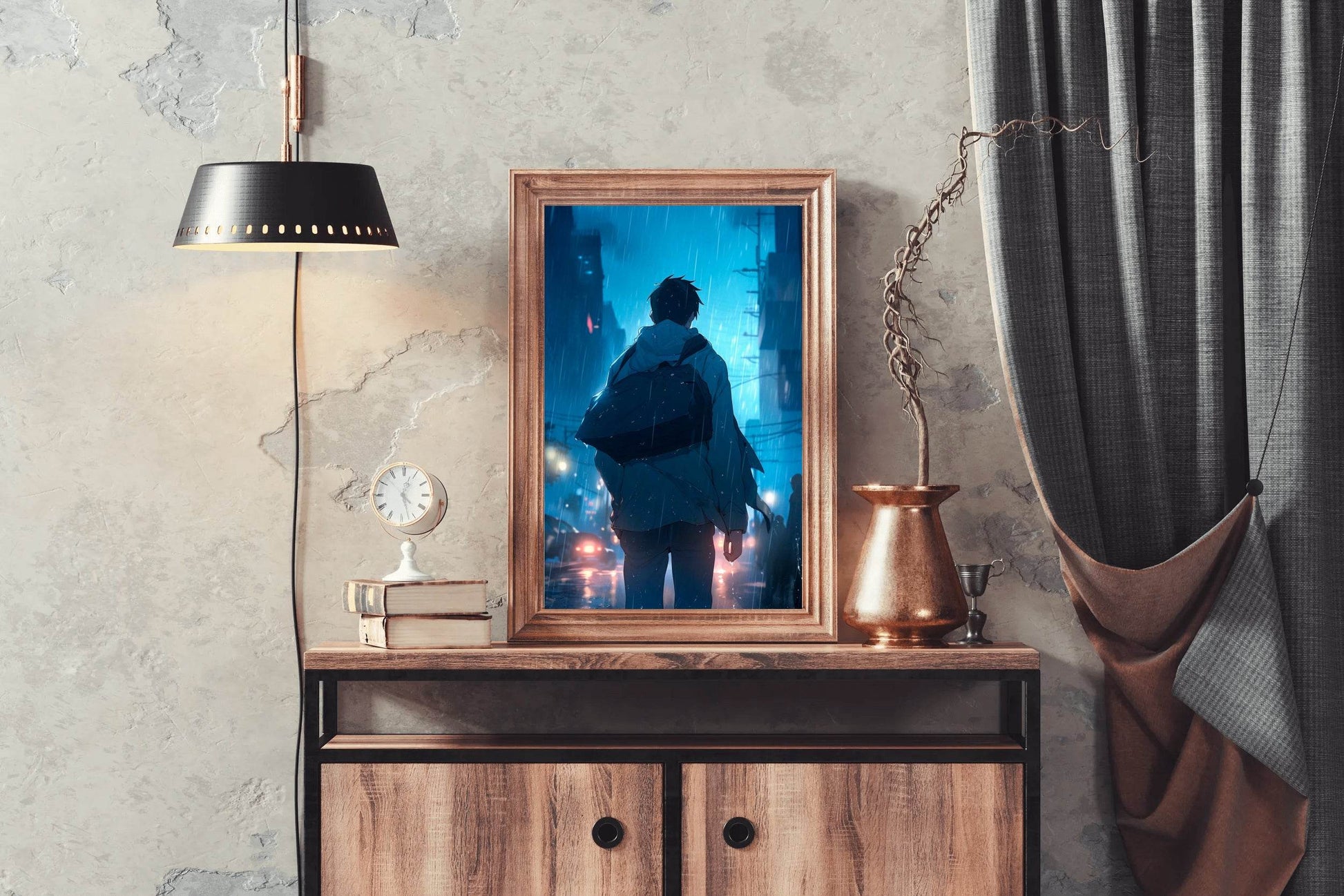 A Person in the rain Anime Boy Standing in Rain Anime Wall Art - beink online art store