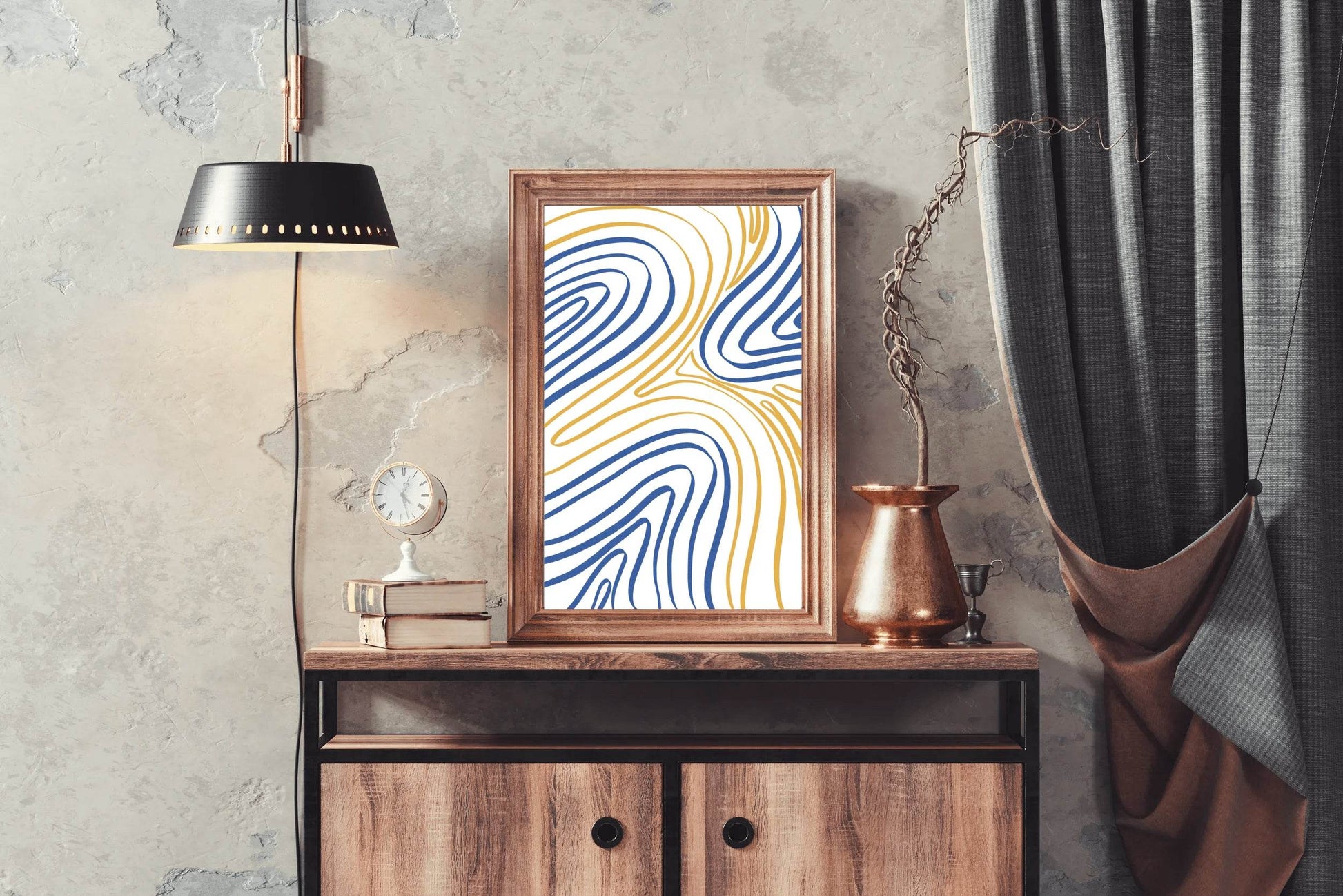 Blue And Yellow Wavy Lines Wall Art - beink online art store