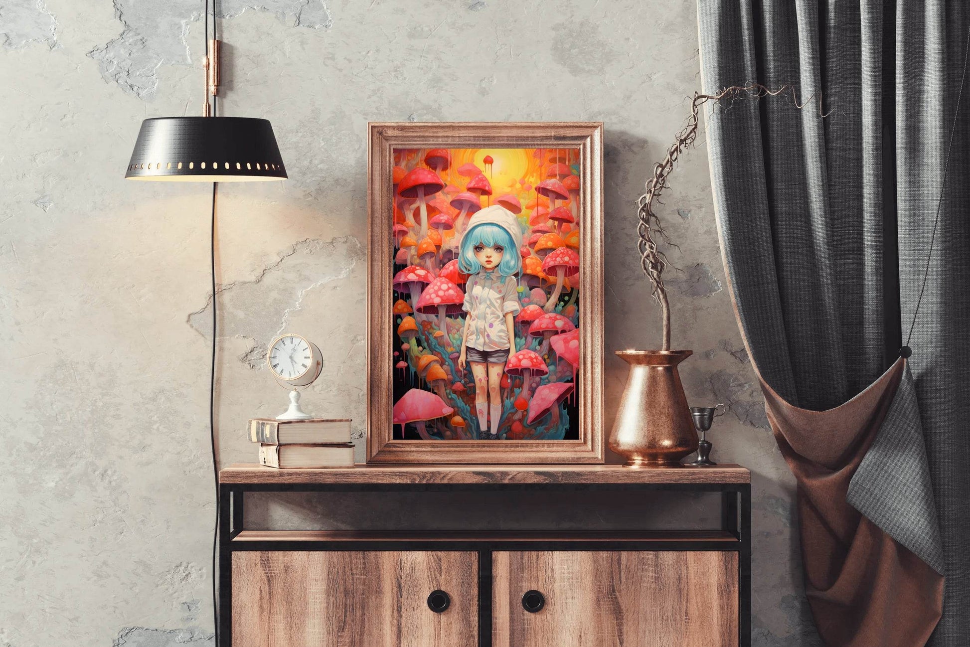 Painting of a Anime girl Standing in a Forest of Mushrooms - beink online art store