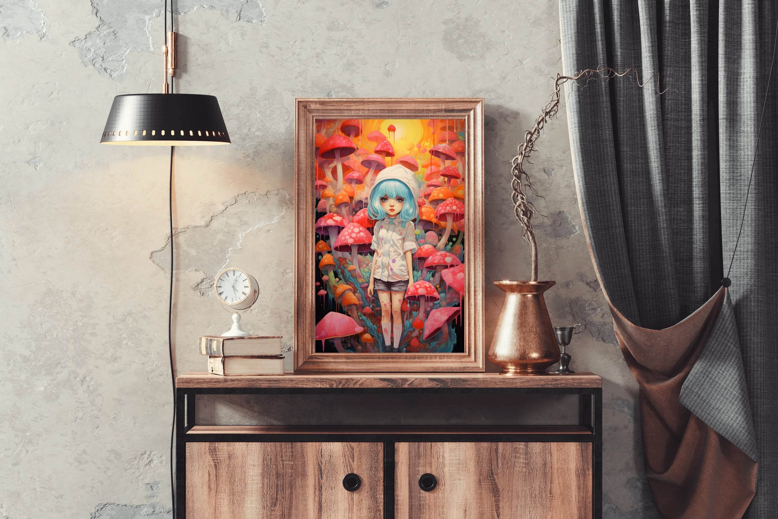 Painting of a Anime girl Standing in a Forest of Mushrooms - beink online art store