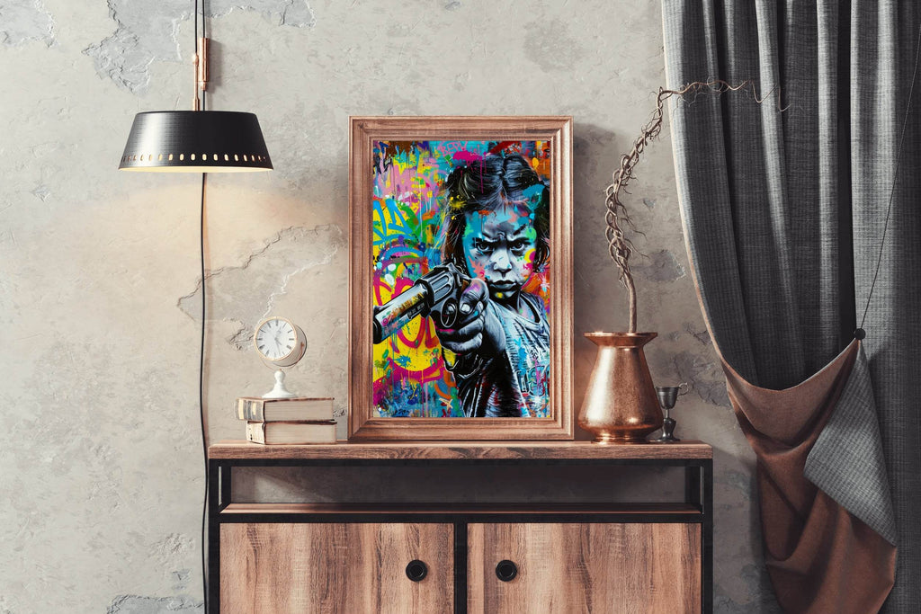 Abstract Graffiti Girl Holding Gun Wall Art - beink online art store