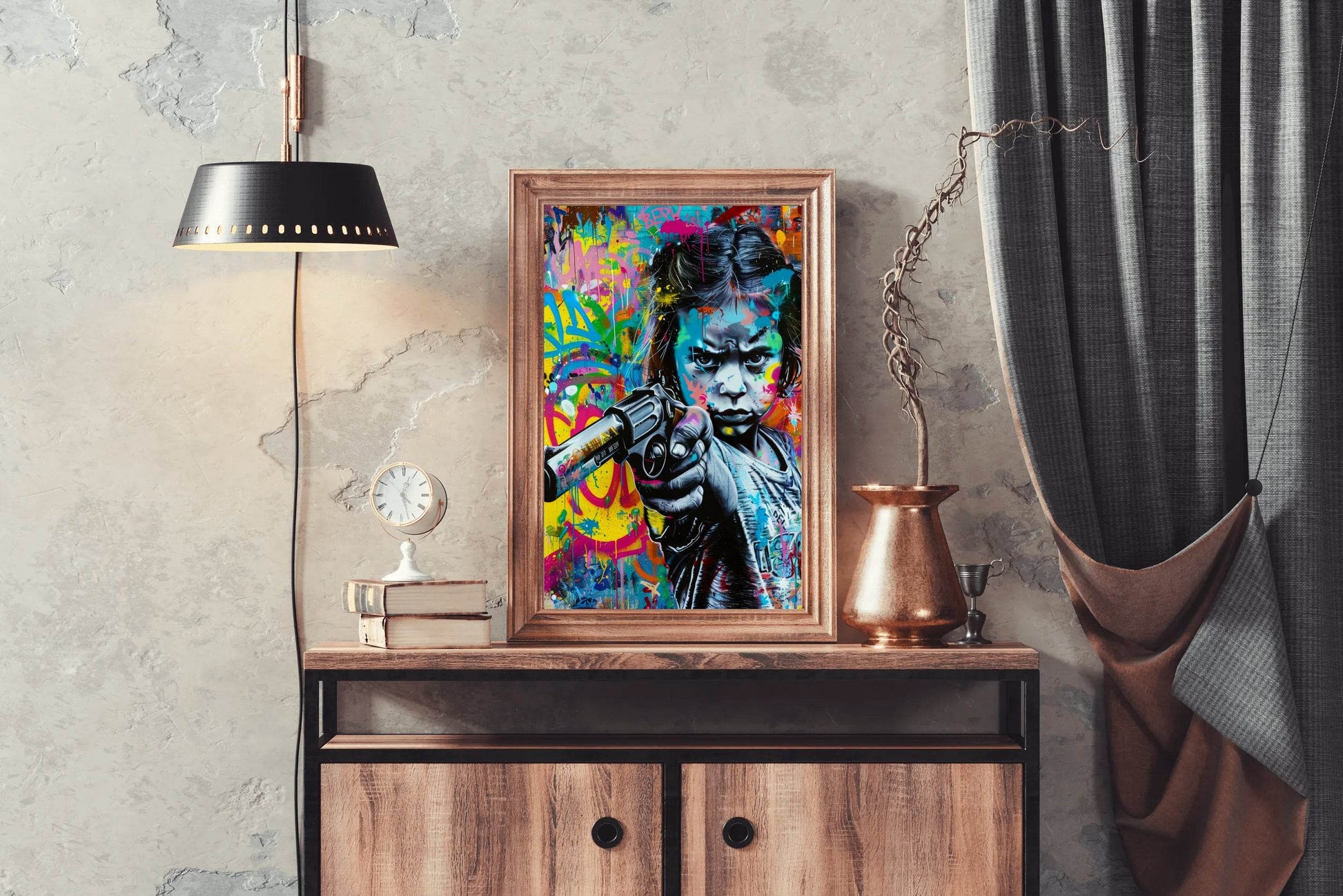 Abstract Graffiti Girl Holding Gun Wall Art - beink online art store