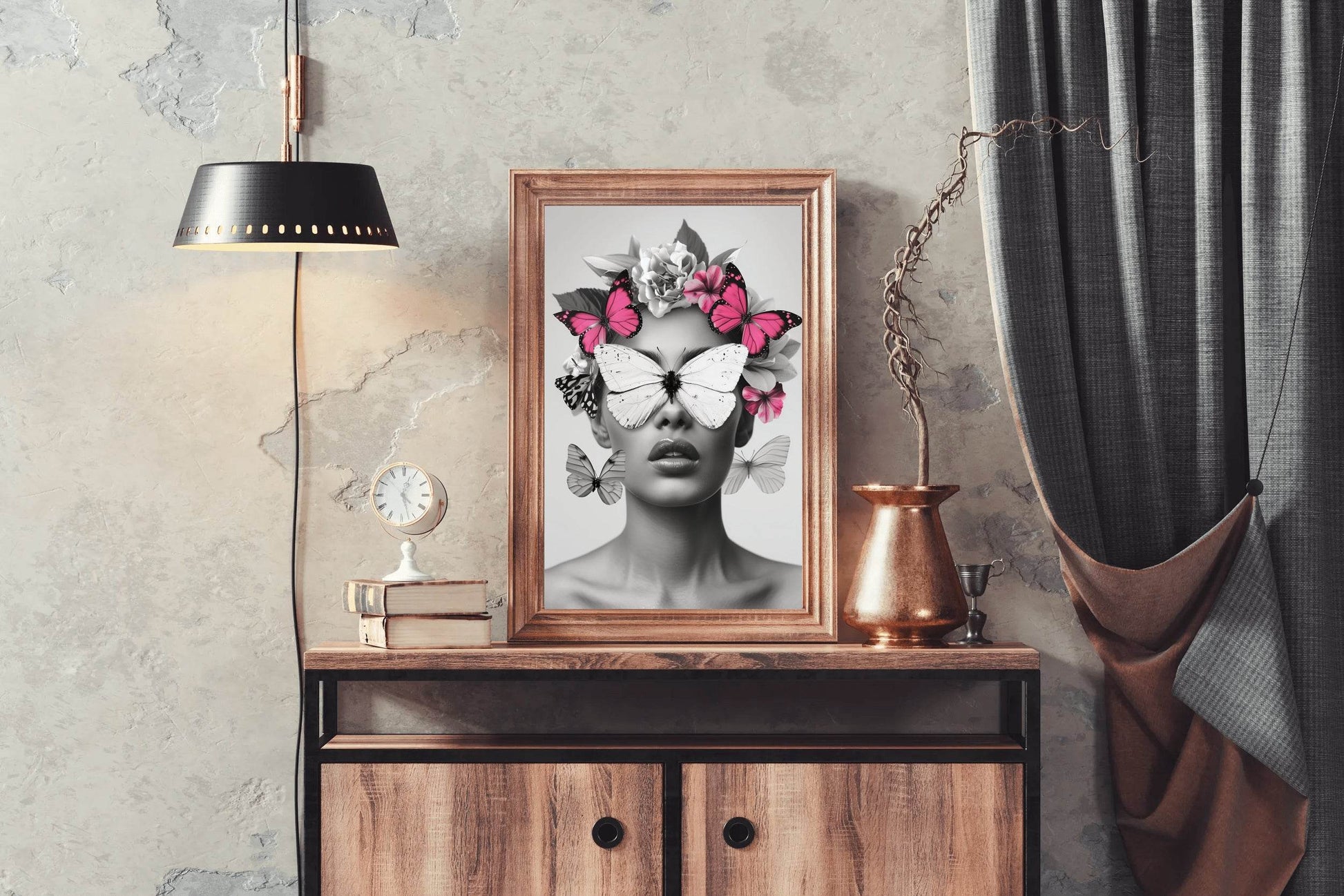 Woman's Face With Butterflies and Flowers - beink online art store