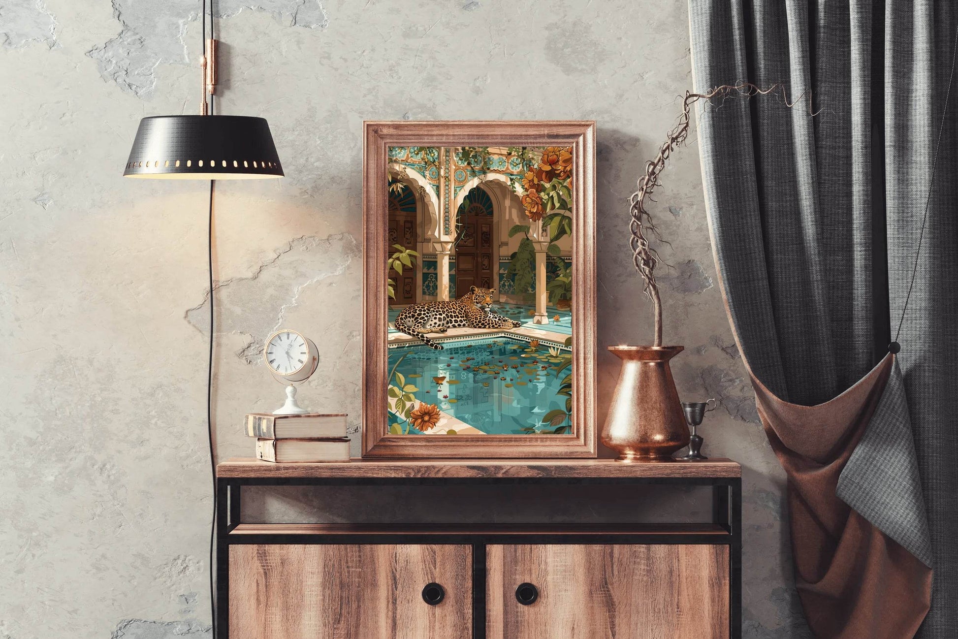 Painting of Tiger Sitting Near Blue Water Pool - beink online art store