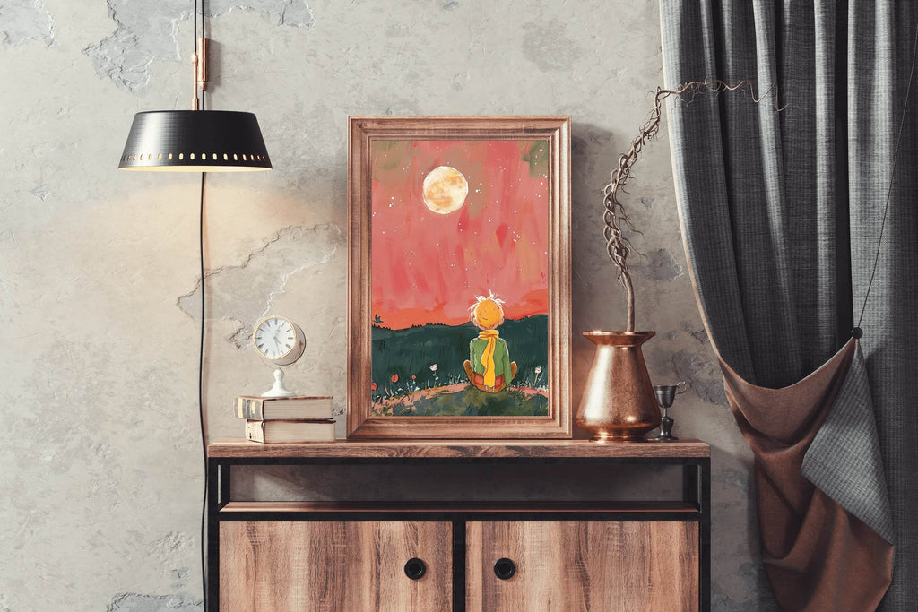 Brushed Illustration of a Boy Watching the Moon - beink online art store