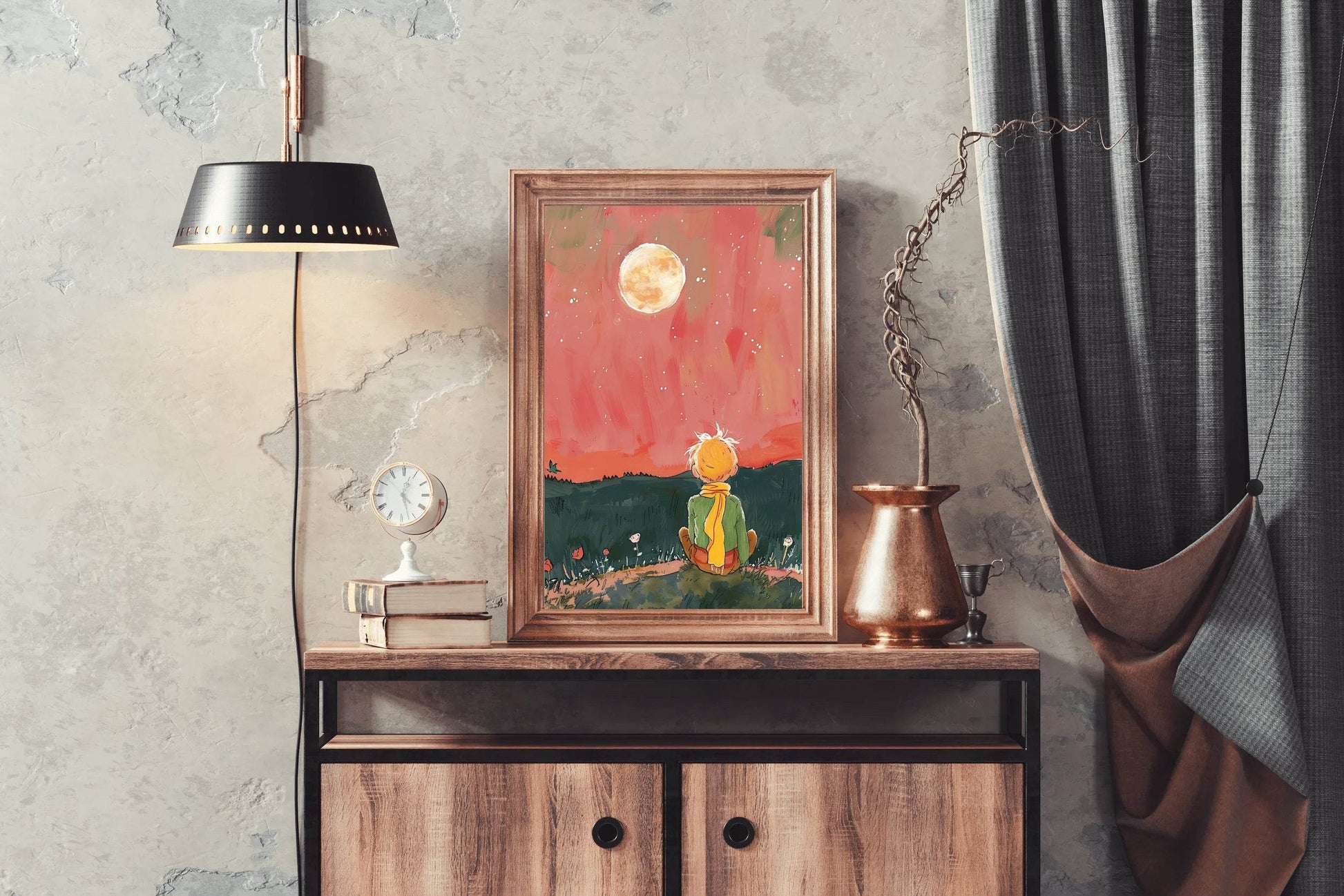 Brushed Illustration of a Boy Watching the Moon - beink online art store
