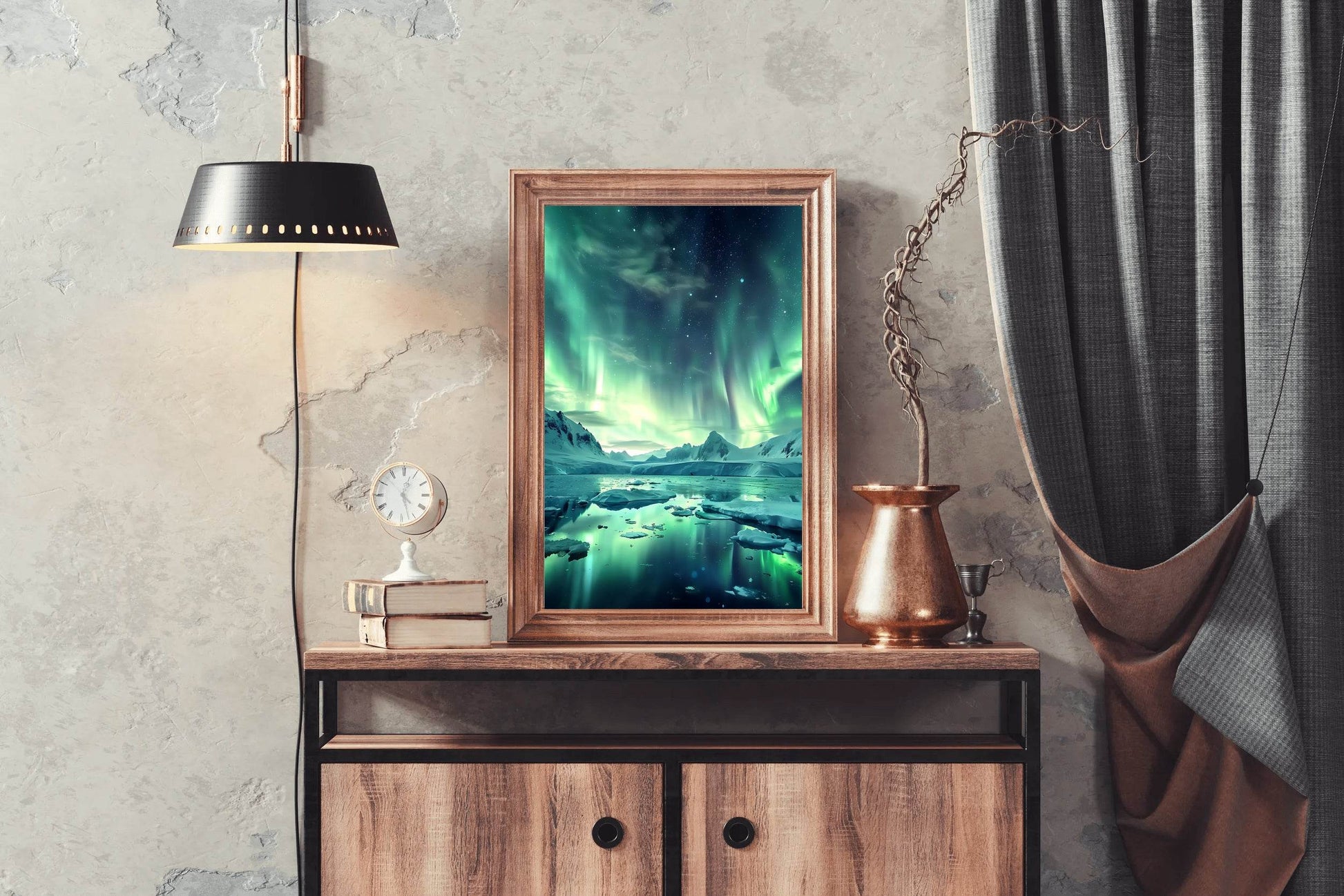 Green Northern Lights in the Sky Over Ice and Snow From lake Wall Art - beink online art store