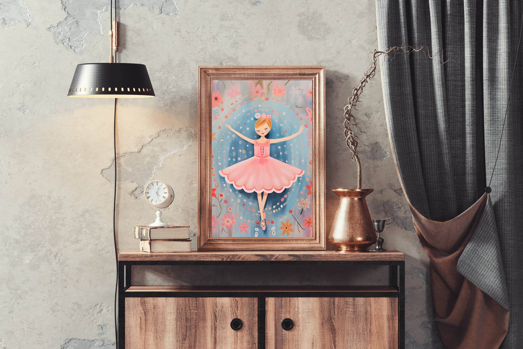 Drawing of Little Girl Dancing in Pink Dress - beink online art store
