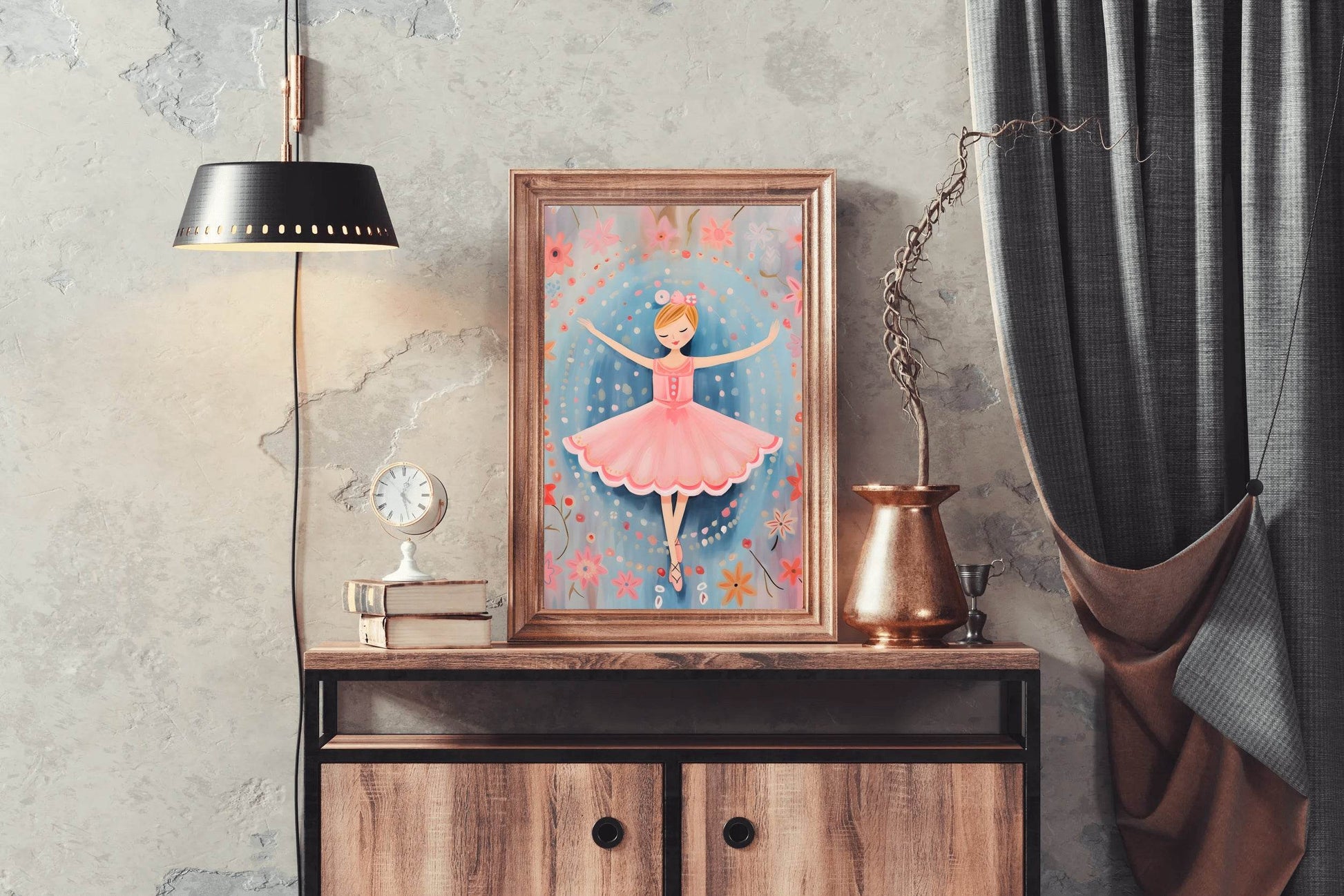 Drawing of Little Girl Dancing in Pink Dress - beink online art store
