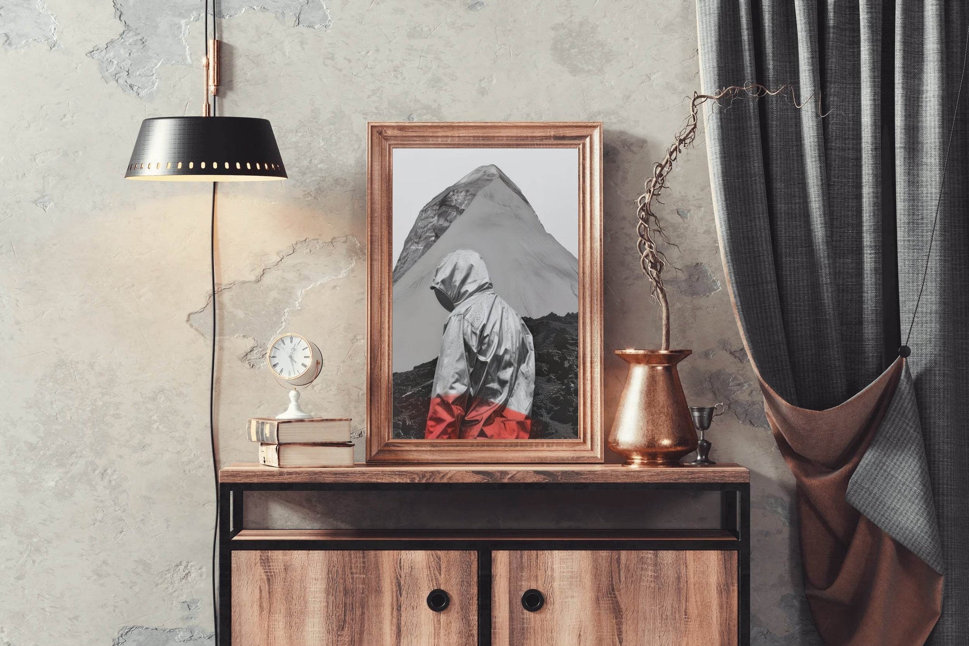 Black And White Photo of A Man On The Side Of A Mountain Wall Art - beink online art store