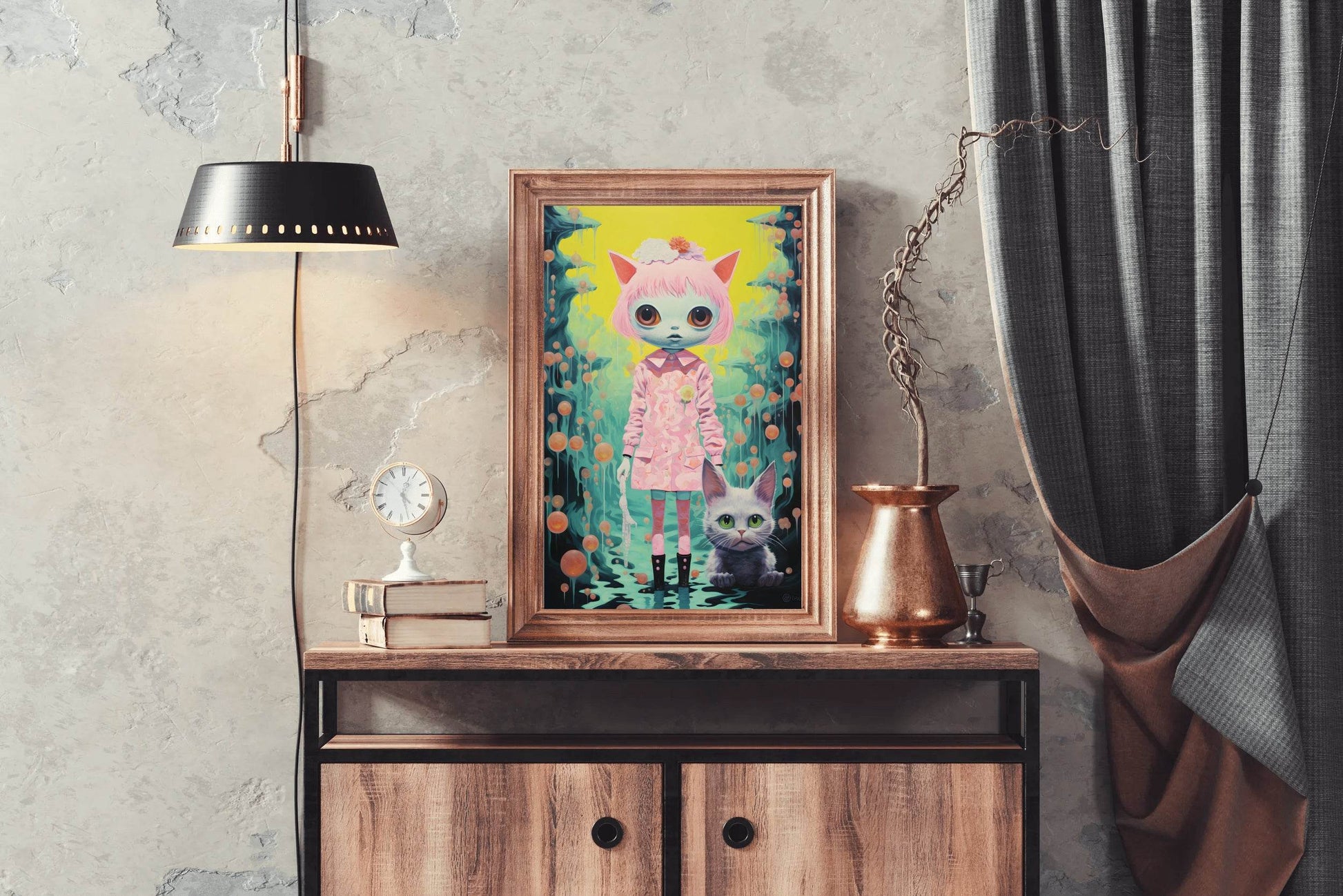 Cat Girl With Pink Hair Wall Art - beink online art store