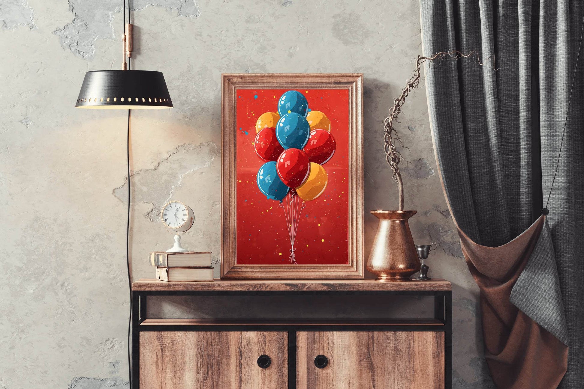 Illustration of Colorful Balloons with Red Background - beink online art store