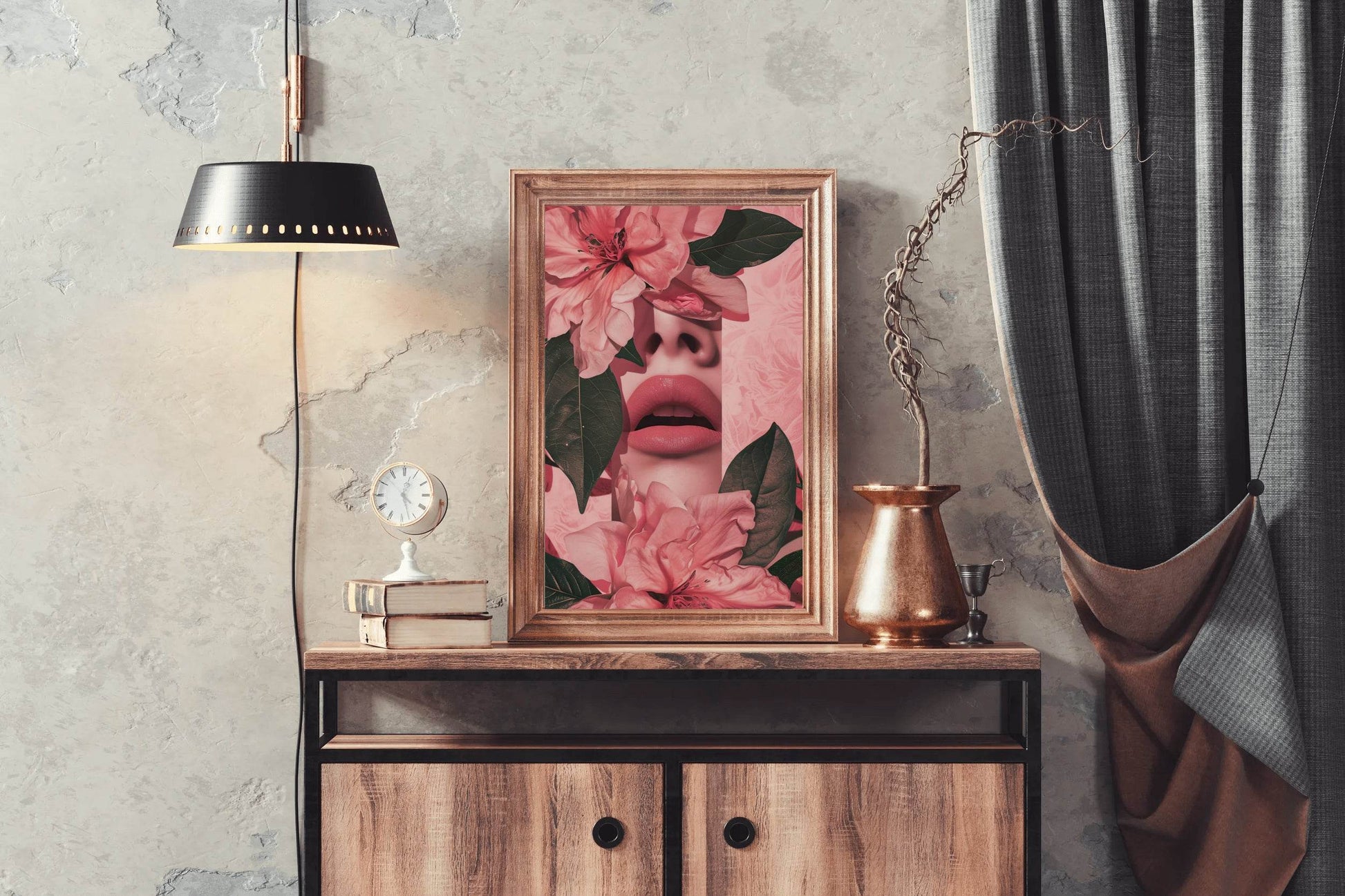 Woman's Face Partially Covered With Pink Flowers - beink online art store