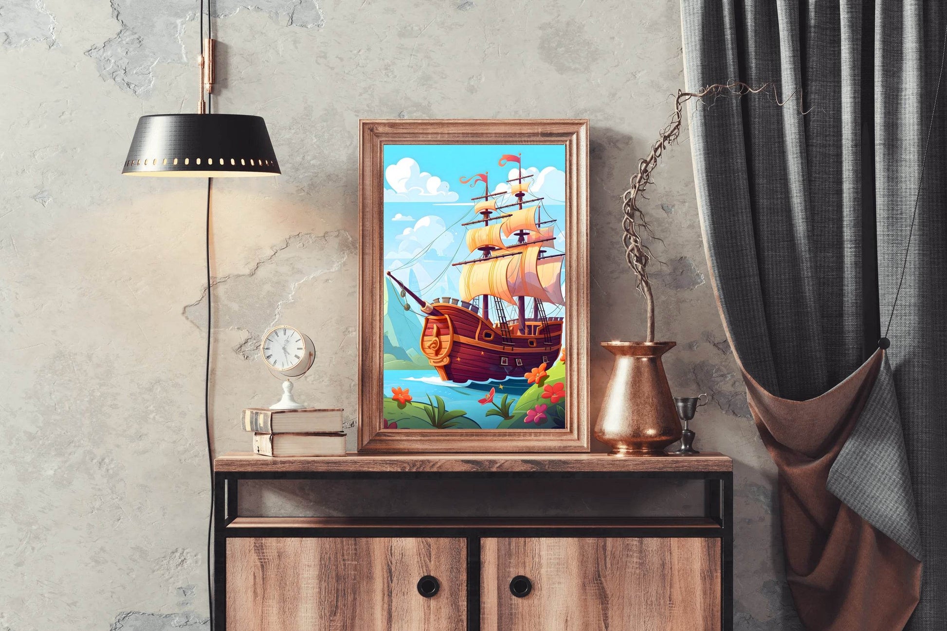 Drawing of Pirate Ship in the Sea - beink online art store