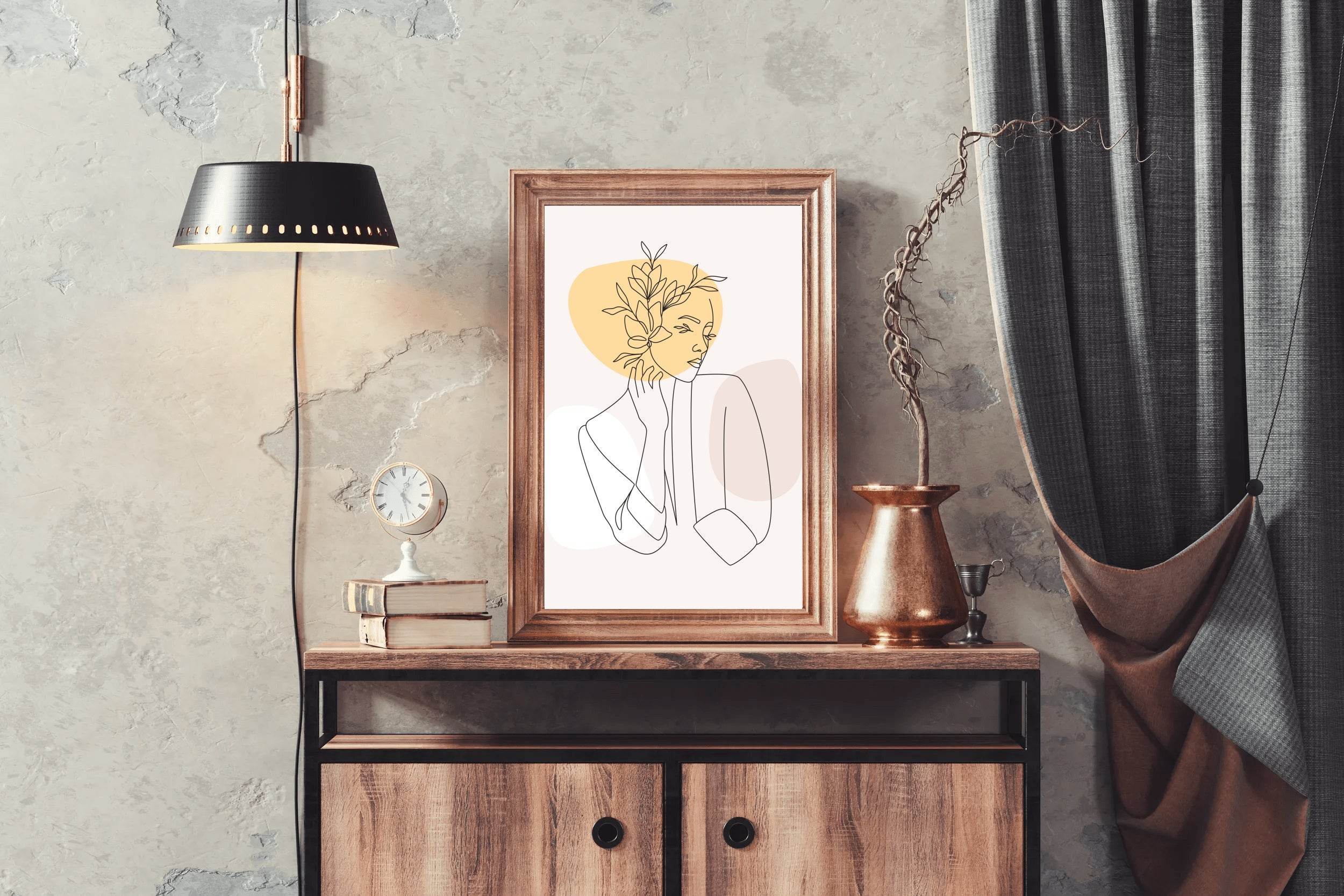 Line Art of Beautiful Woman's Face and Flowers - beink online art store