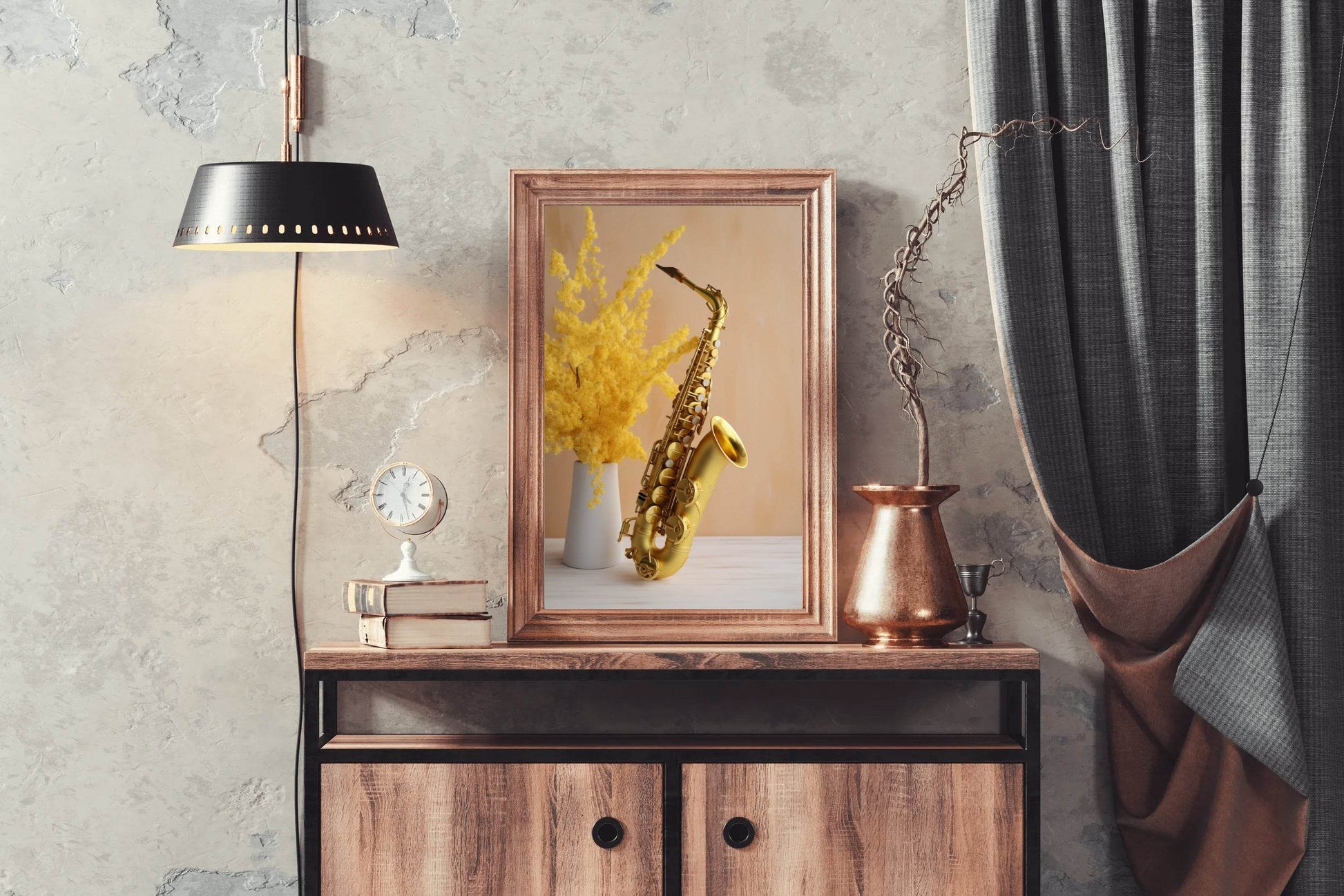 Golden Saxophone Next To Yellow Flowers Wall Art - beink online art store