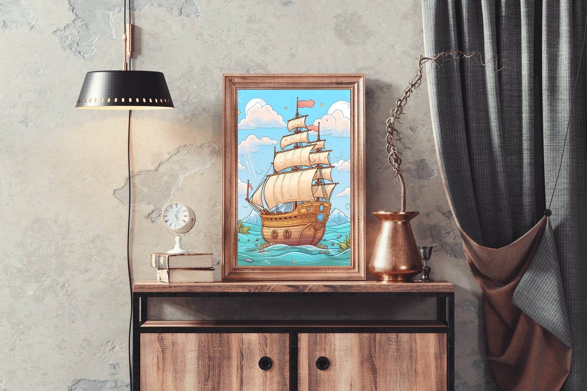 Drawing of Pirates Ship in Sea Storm - beink online art store