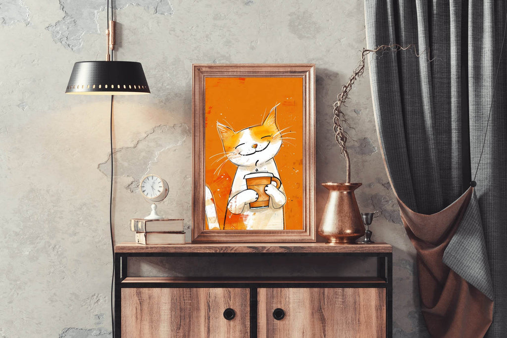Painting of Cute Smiling Cat Holding Cup - beink online art store