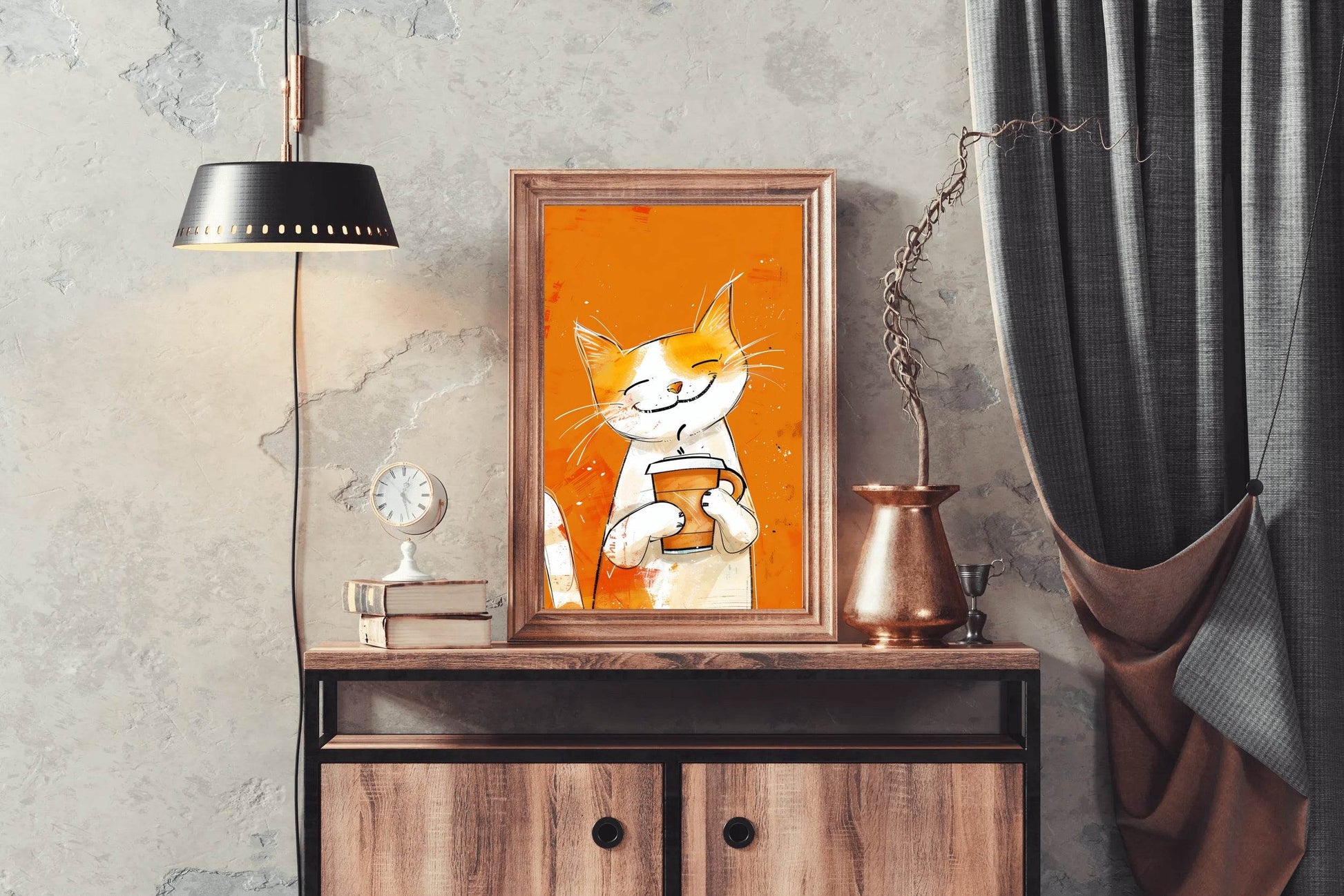 Painting of Cute Smiling Cat Holding Cup - beink online art store