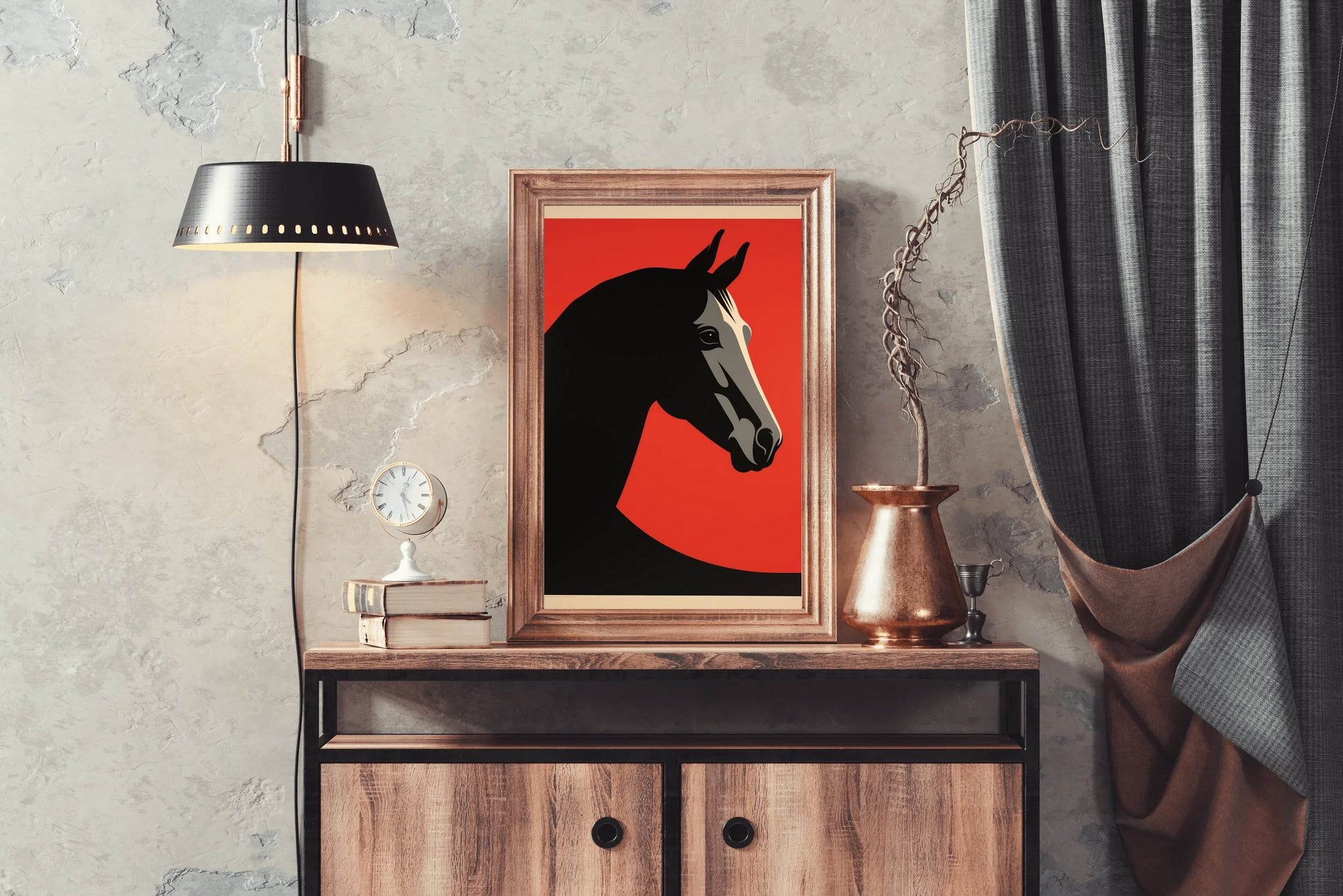 Black Horse Painted Drawing With Red Background - beink online art store