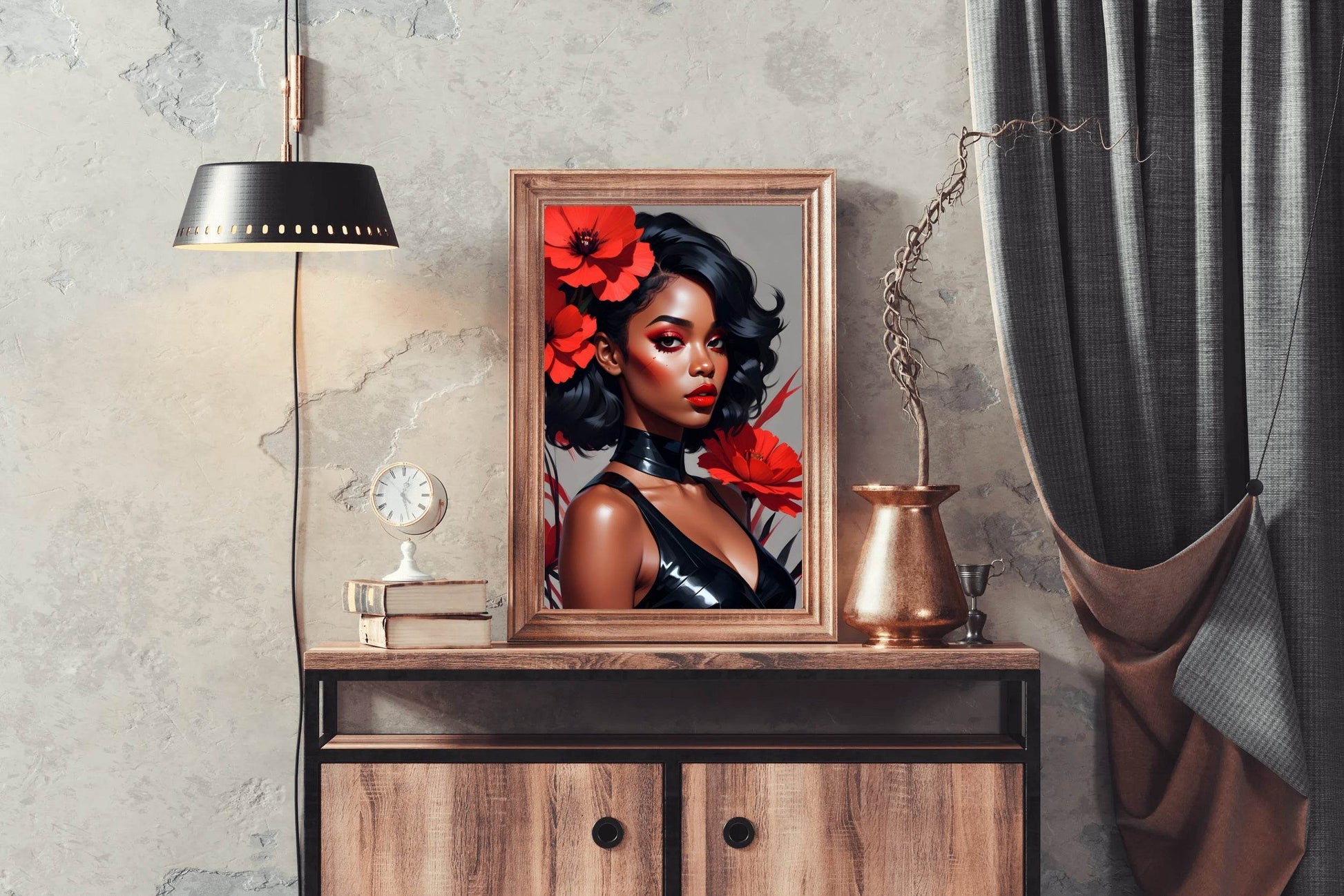 Abstract Style Anime Art of Black Girl with Red Flower Wall Art - beink online art store