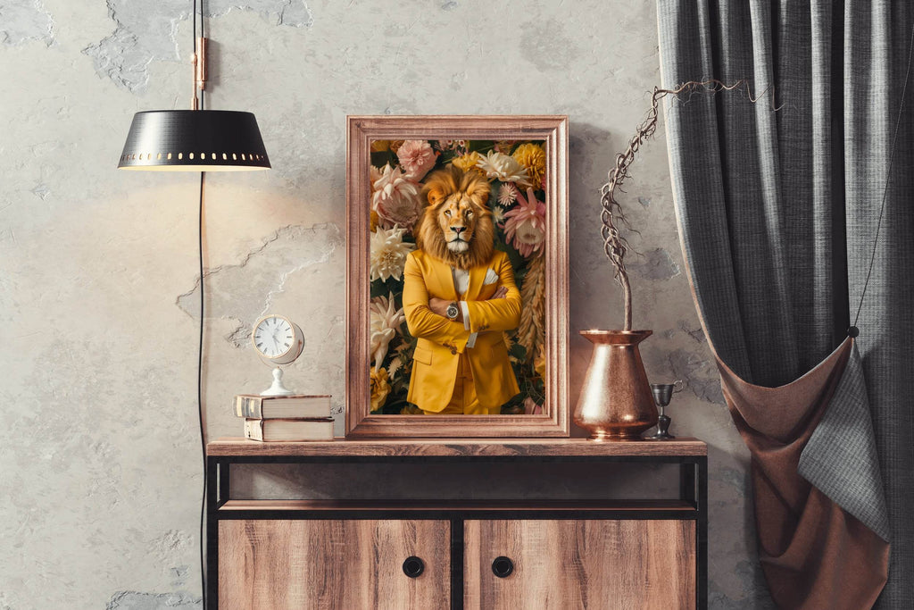 Lion in Yellow Coat With Floral Background - beink online art store