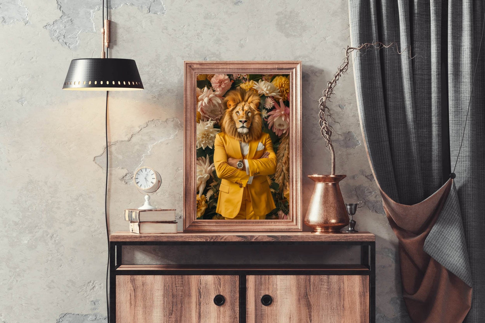 Lion in Yellow Coat With Floral Background - beink online art store