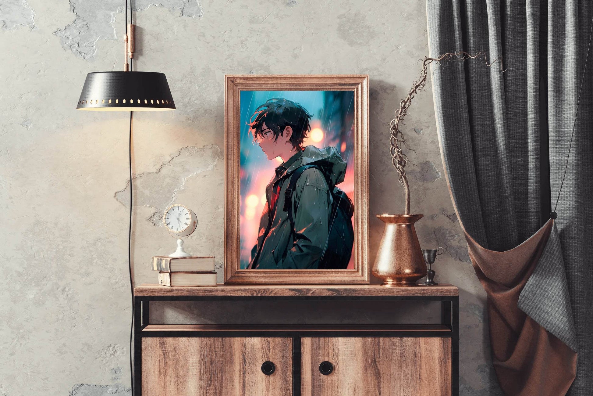 Anime Boy with backpack In street In The Rain Anime Wall Art - beink online art store
