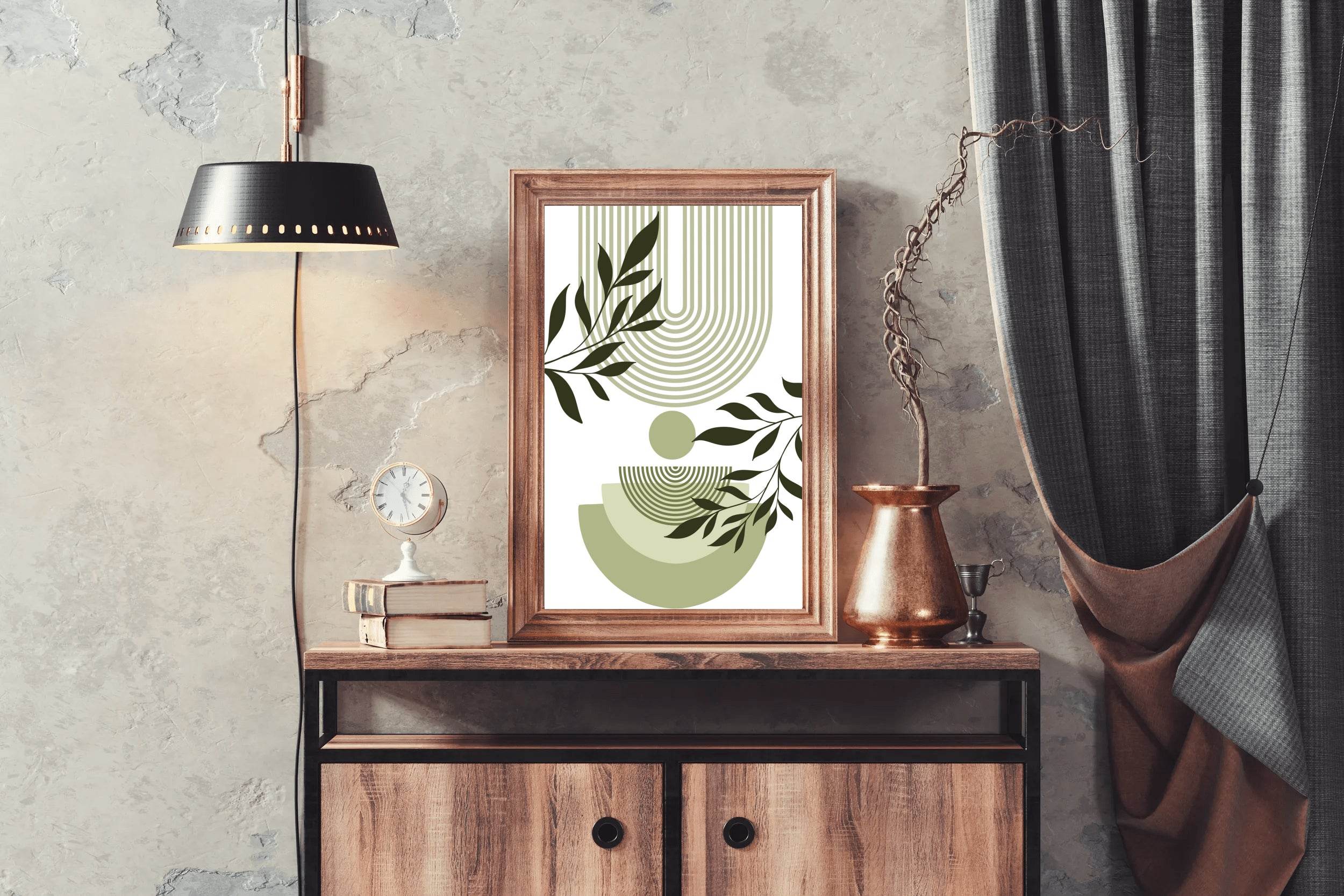Geometric Shapes with Green leaves ArtWork - beink online art store
