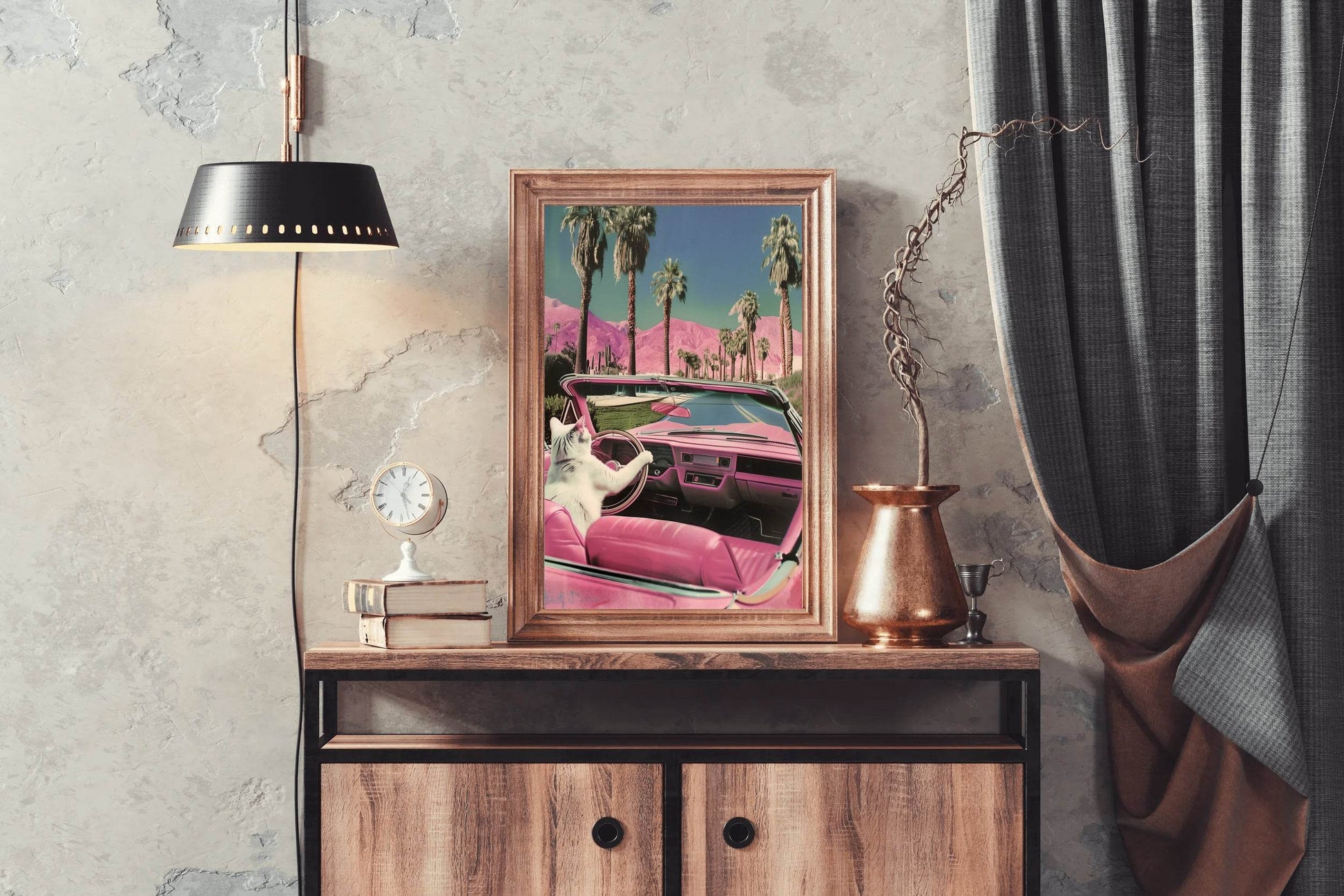 Cat Driving A Pink Car Wall Art - beink online art store