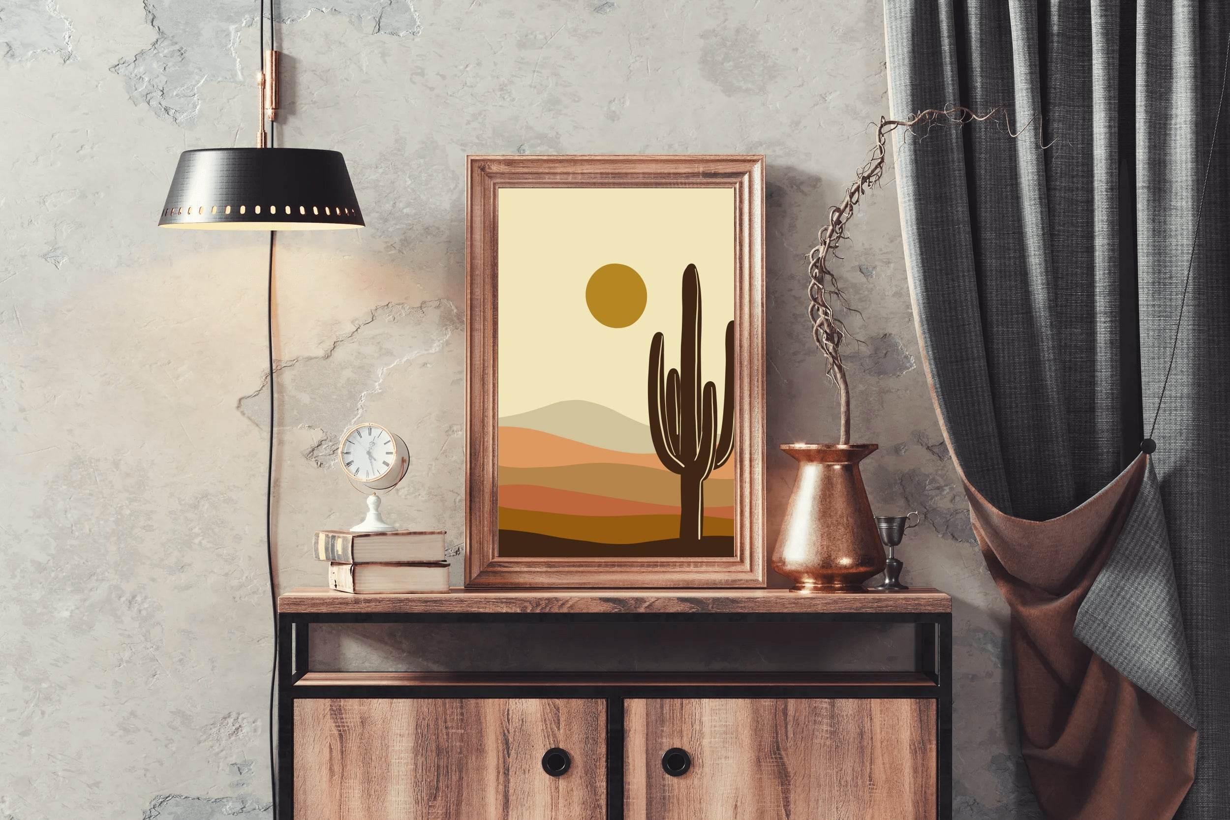 Stylized Desert Landscape with Cactus and Sun ArtWork - beink online art store