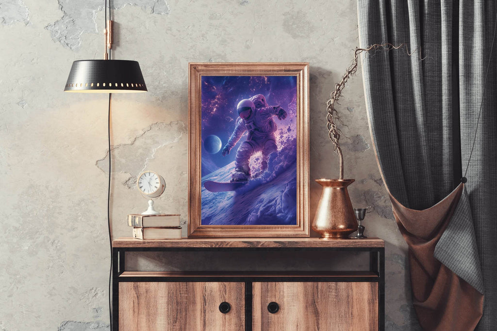 Astronaut with spacesuit on practicing snowboarding on the moon Wall Art - beink online art store