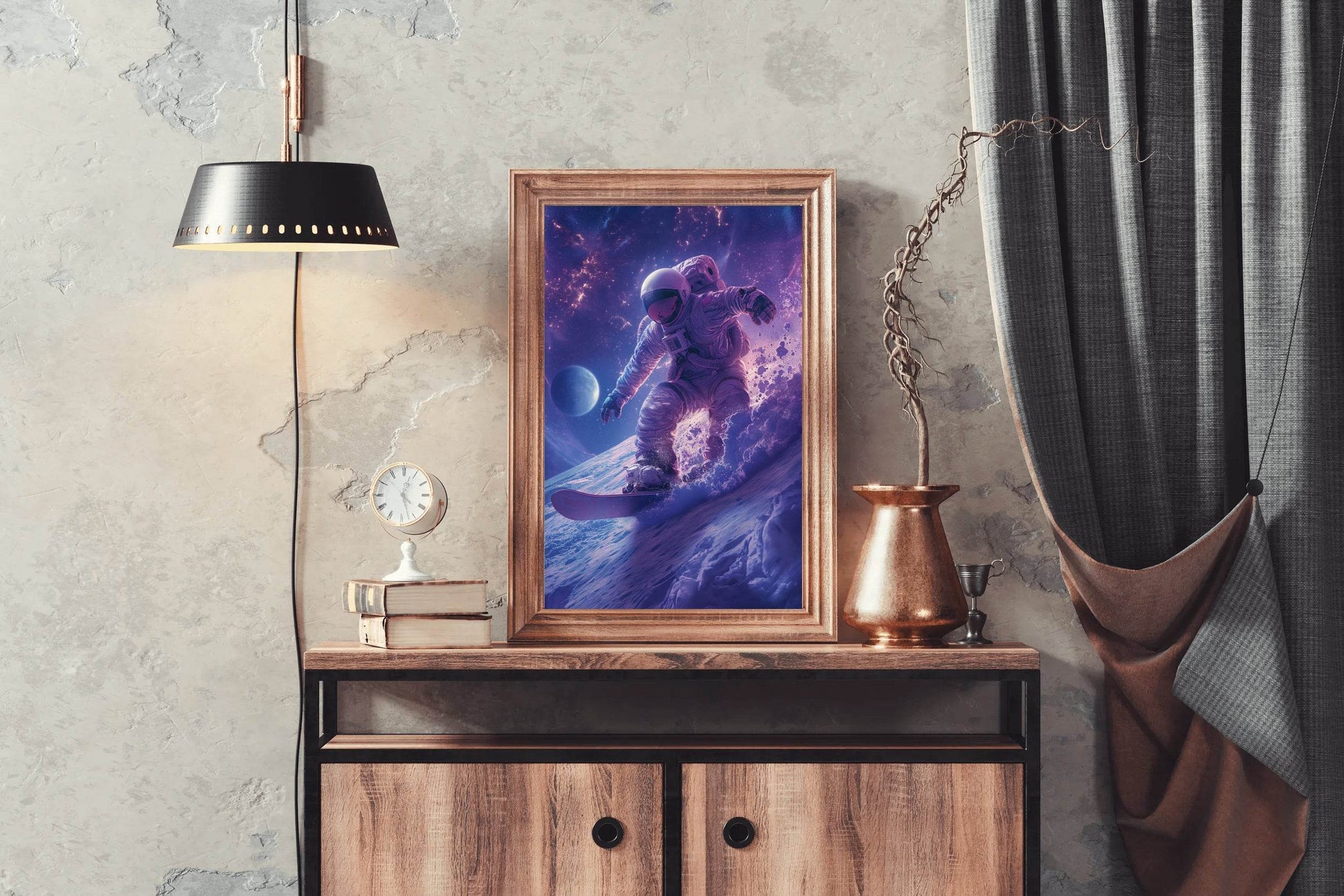Astronaut with spacesuit on practicing snowboarding on the moon Wall Art - beink online art store