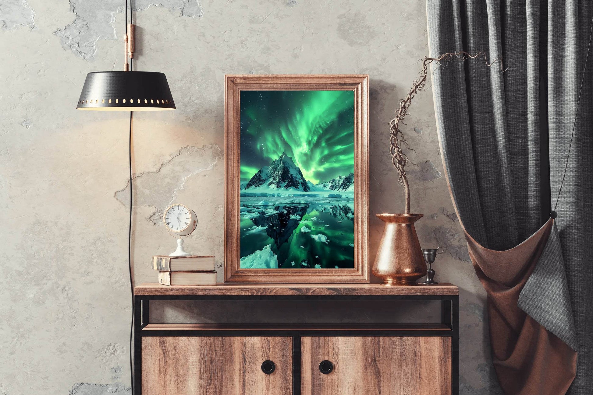 Green Northern lights with view ocean - beink online art store