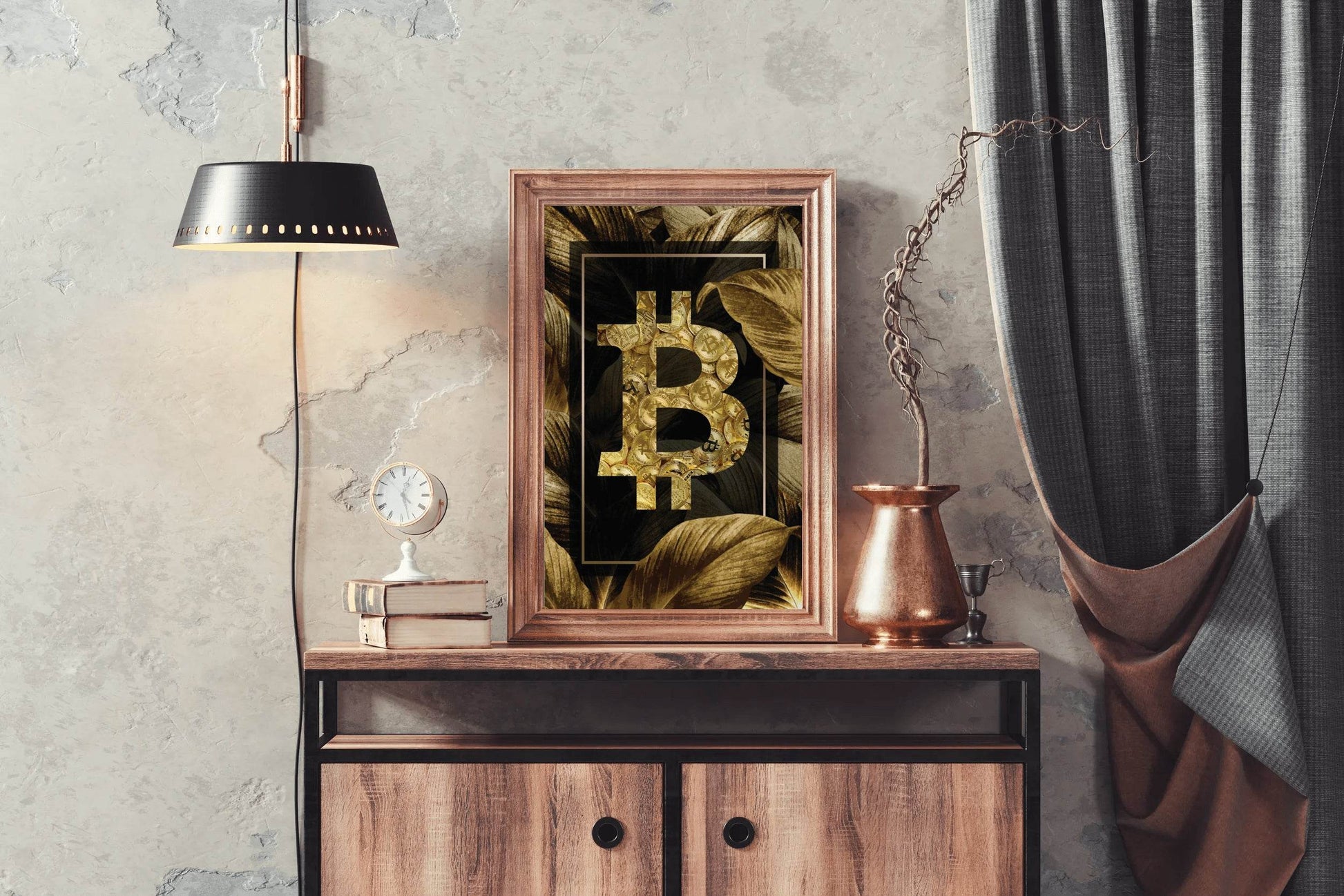 Bitcoin Logo with Gold Leaves Background Wall Art - beink online art store