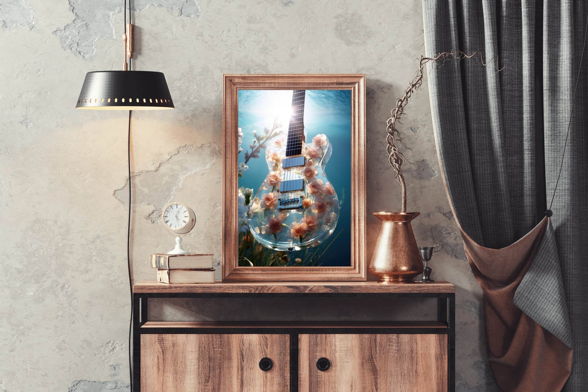 Glass Guitar With Flower Design Wall Art - beink online art store