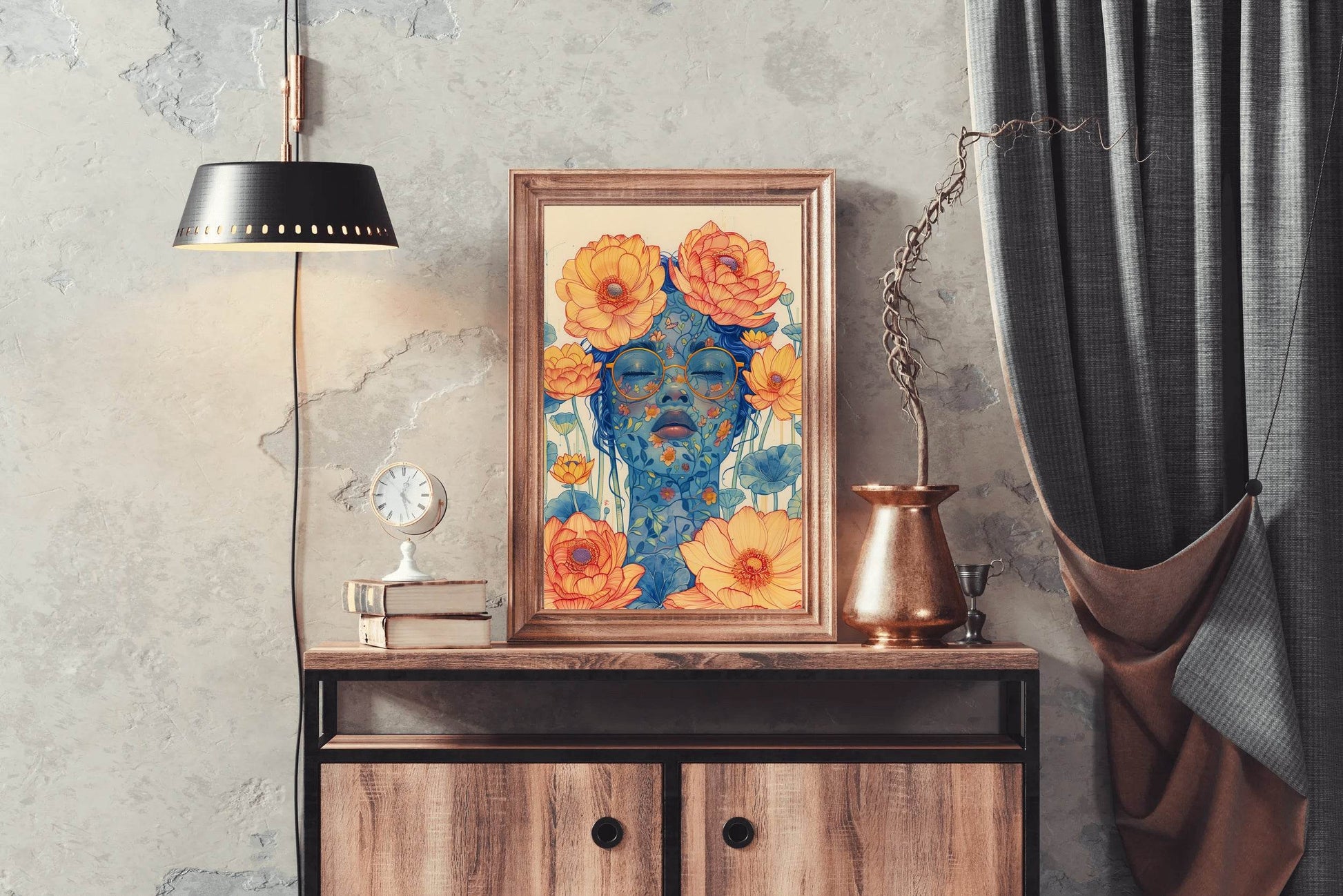 Floral Face of Lady with Orange Blossoms Wall Art - beink online art store