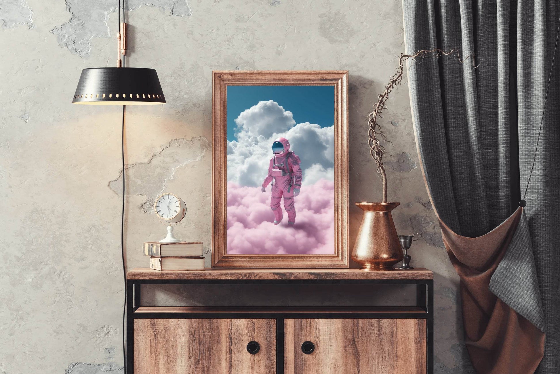 Astronaut in pink suit standing in a cloud Wall Art - beink online art store