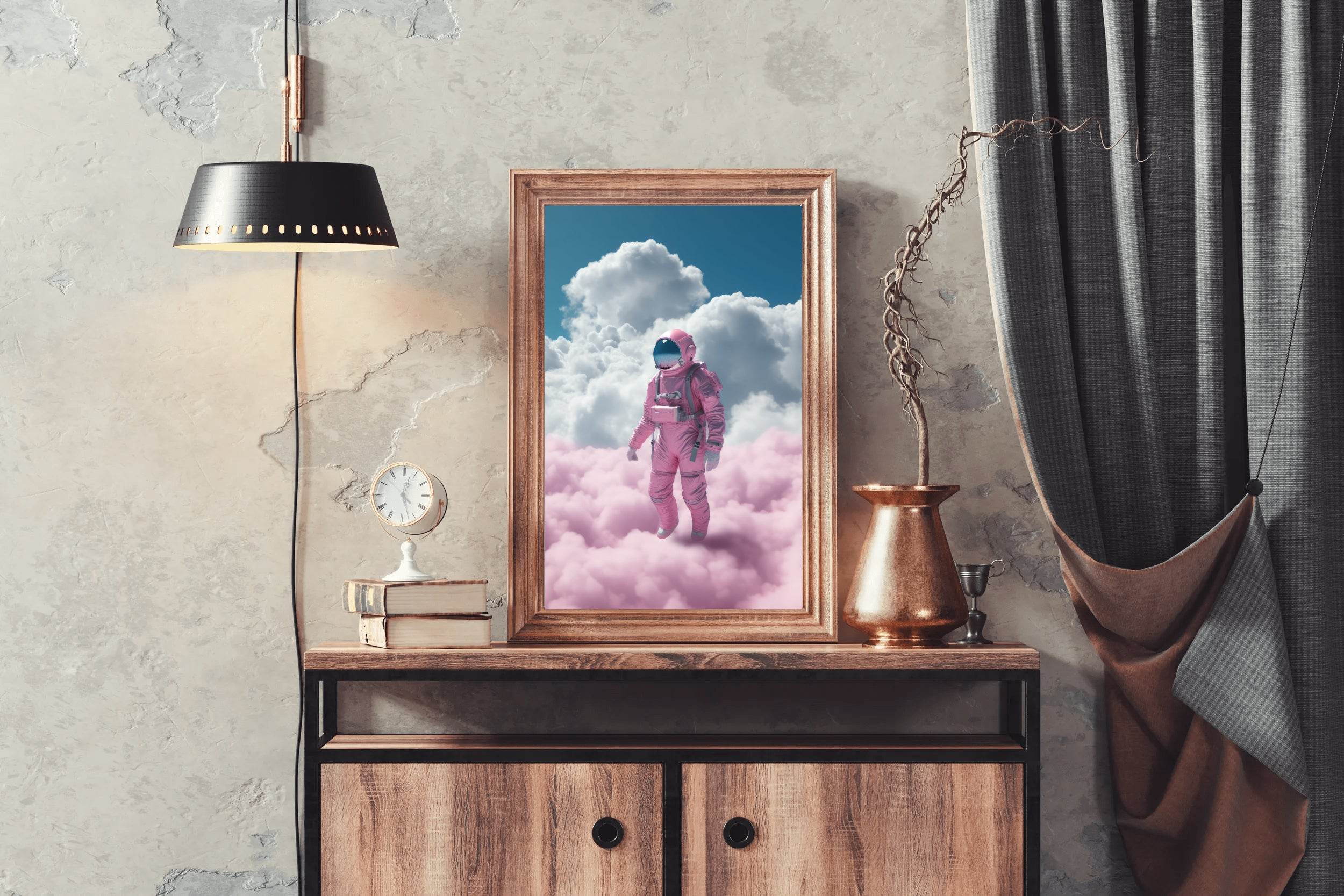 Astronaut in pink suit standing in a cloud Wall Art - beink online art store