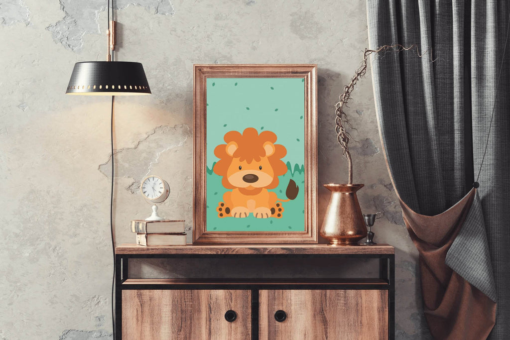 Cartoonish Little Lion Sitting on Grass - beink online art store