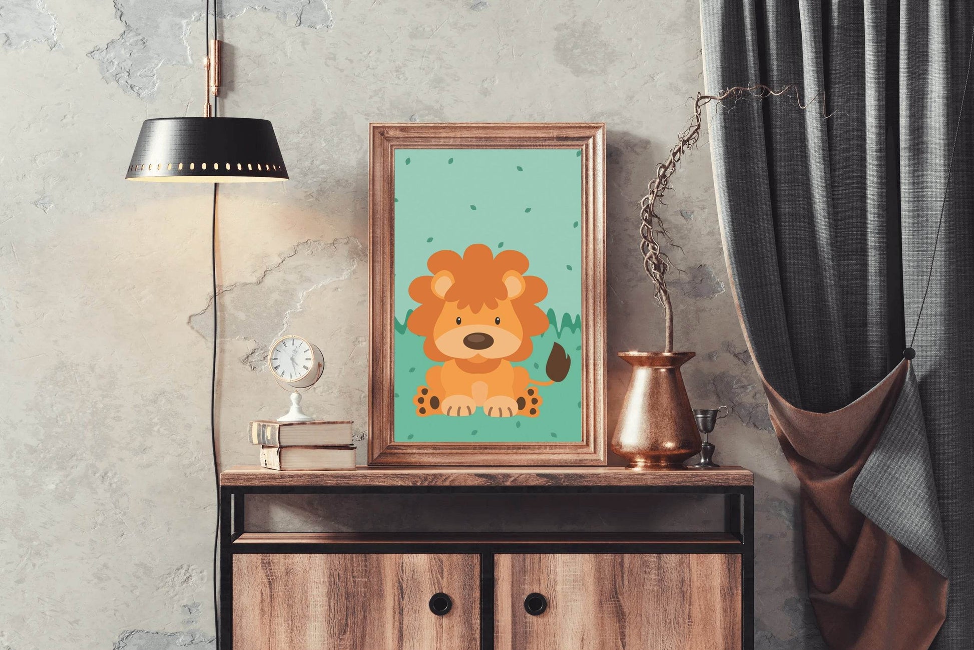 Cartoonish Little Lion Sitting on Grass - beink online art store
