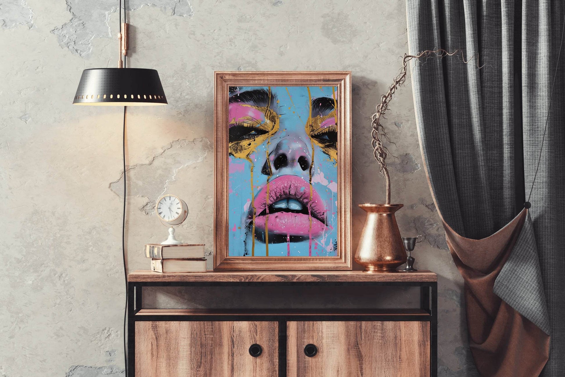 Painting of a Woman with a Tear Drop on her Face with Pink and Gold Wall Art - beink online art store