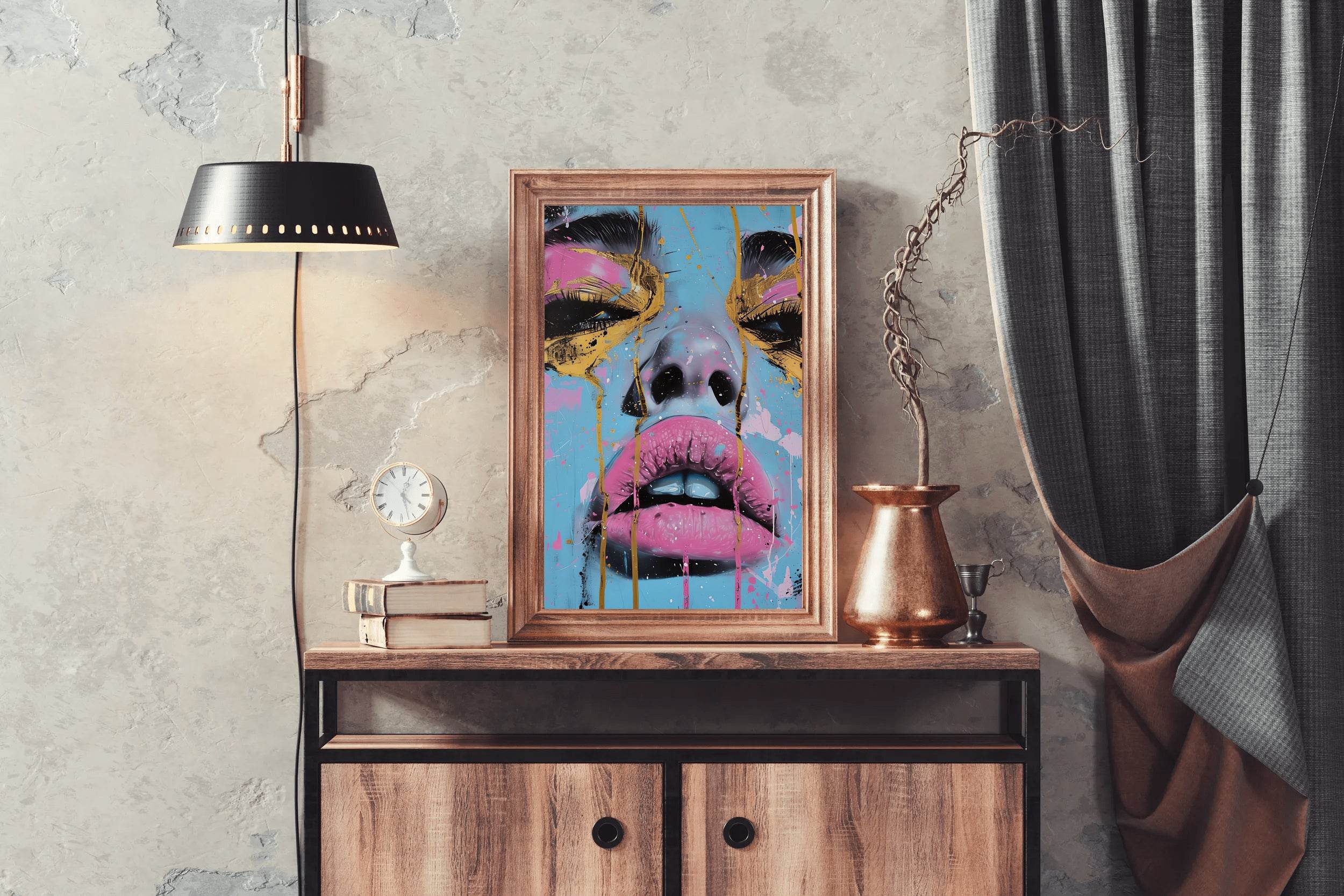 Painting of a Woman with a Tear Drop on her Face with Pink and Gold Wall Art - beink online art store