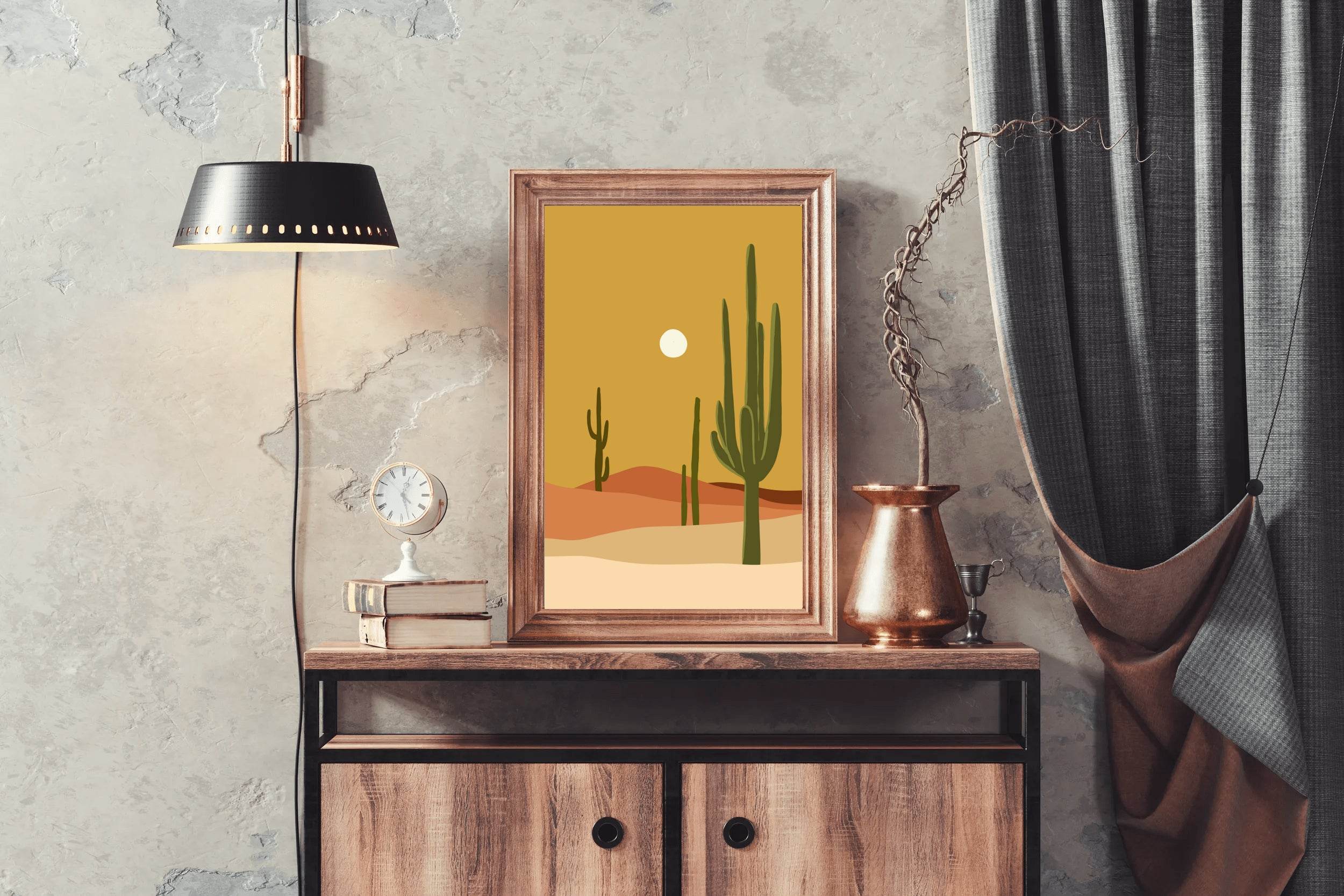 Desert Scene with Cactus and Moon ArtWork - beink online art store
